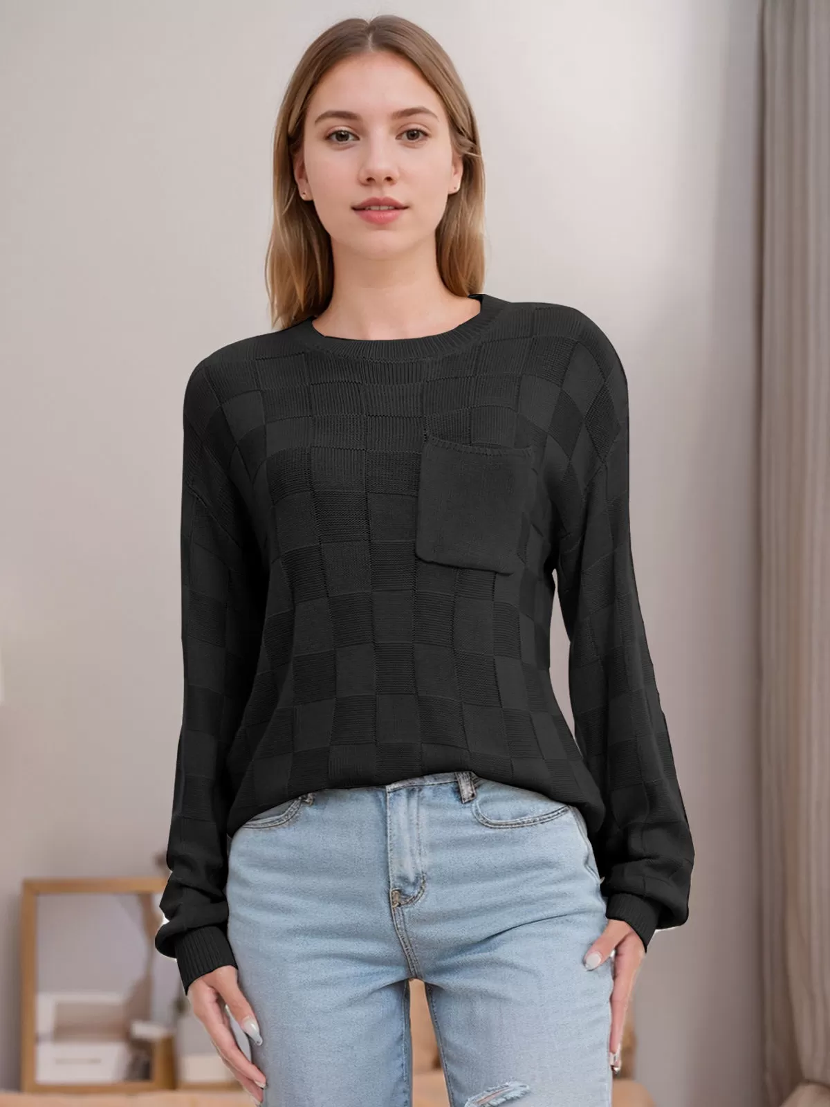 Plaid Round Neck Lantern Long Sleeve Woolen Sweater, 5 of 5