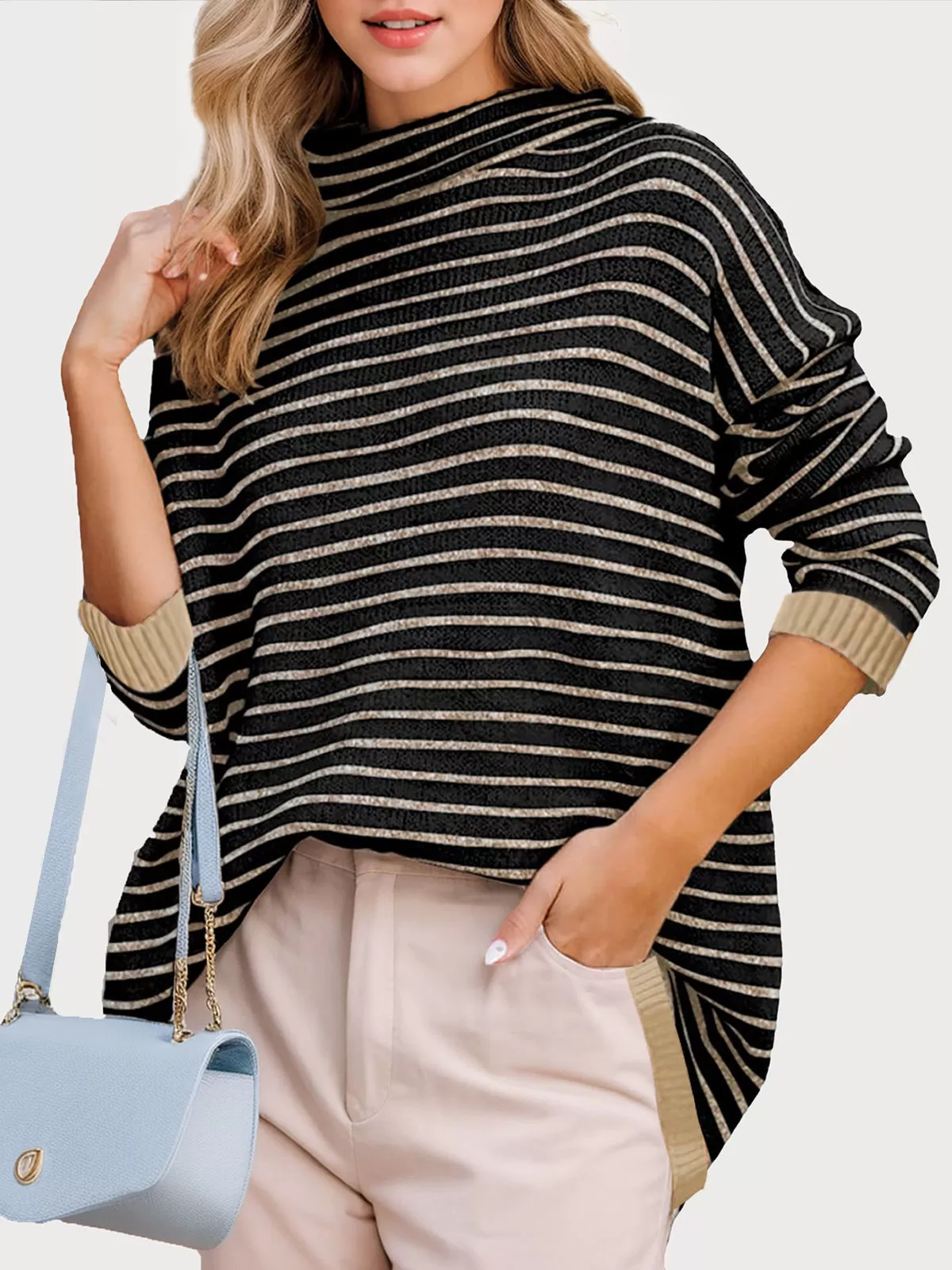 Stripes High Neck Long Sleeve Woolen Sweater, 1 of 4