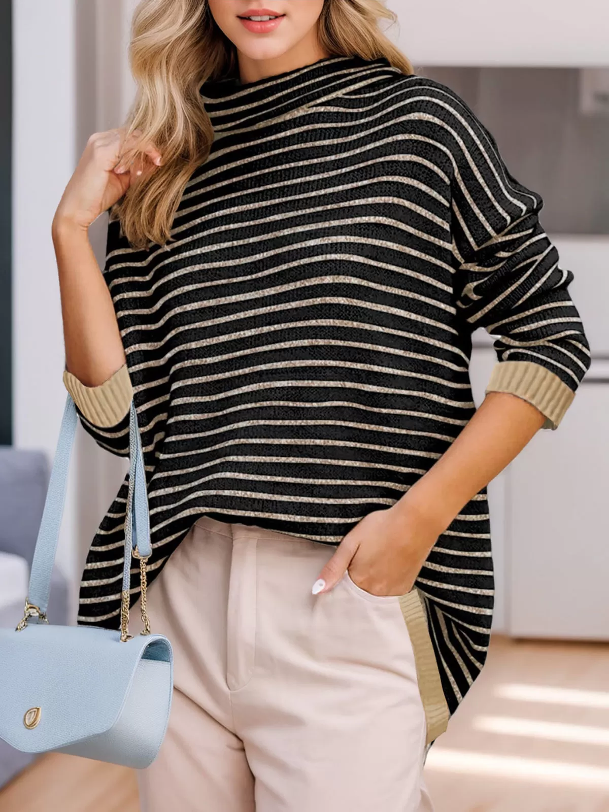 Stripes High Neck Long Sleeve Woolen Sweater, 4 of 4