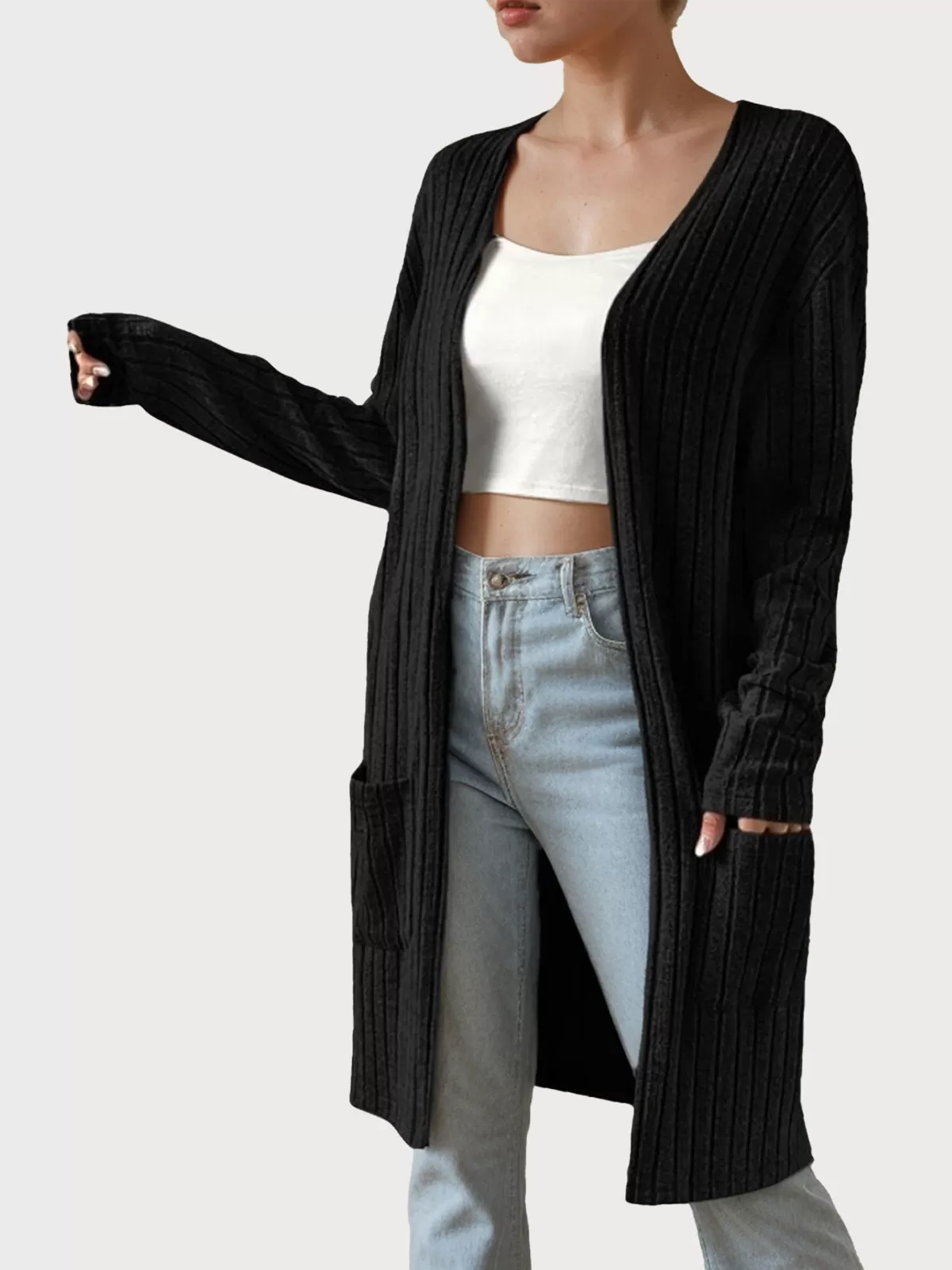 Mid-Length Double Pocket Long Sleeve Knit Cardigan, 1 of 5