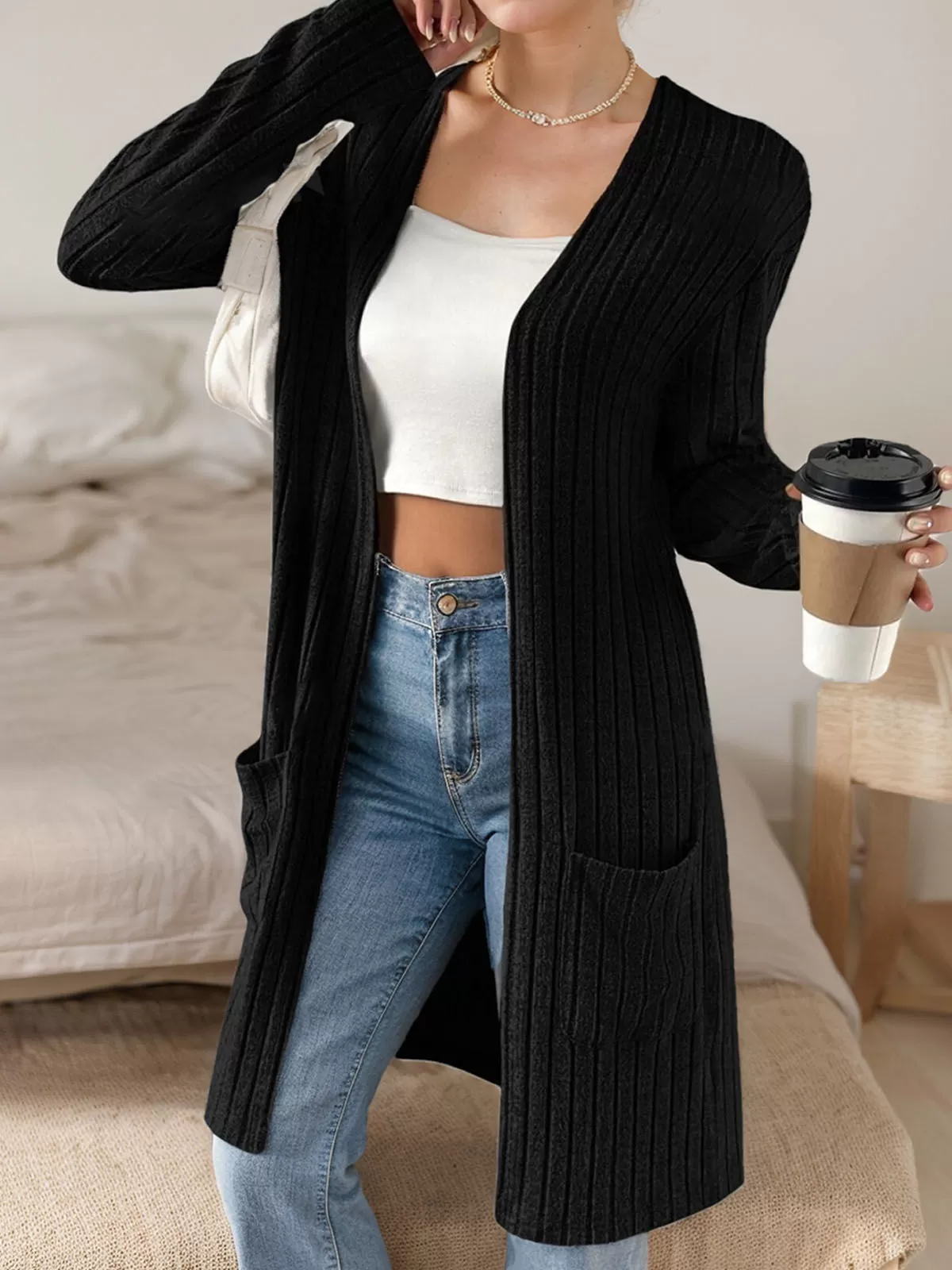 Mid-Length Double Pocket Long Sleeve Knit Cardigan, 3 of 5