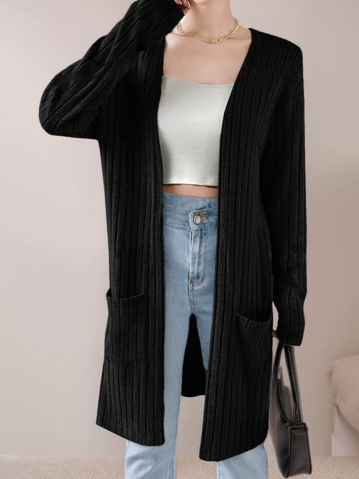 Mid-Length Double Pocket Long Sleeve Knit Cardigan, 4 of 5