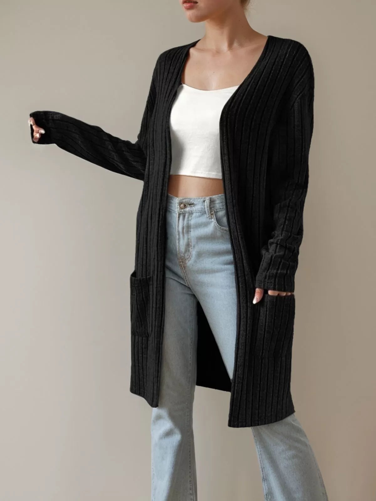 Mid-Length Double Pocket Long Sleeve Knit Cardigan, 5 of 5