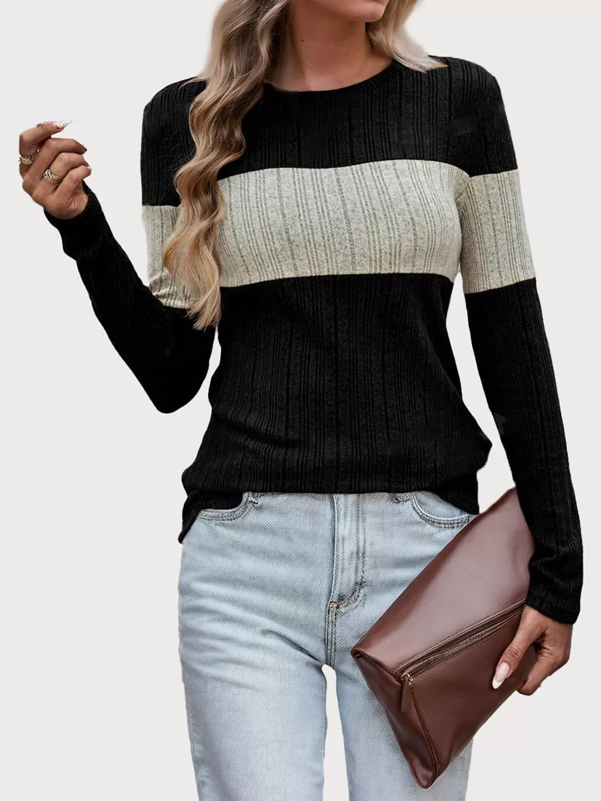 Round Neck Slim Fit Colorblocked Knit T-shirt, 1 of 5