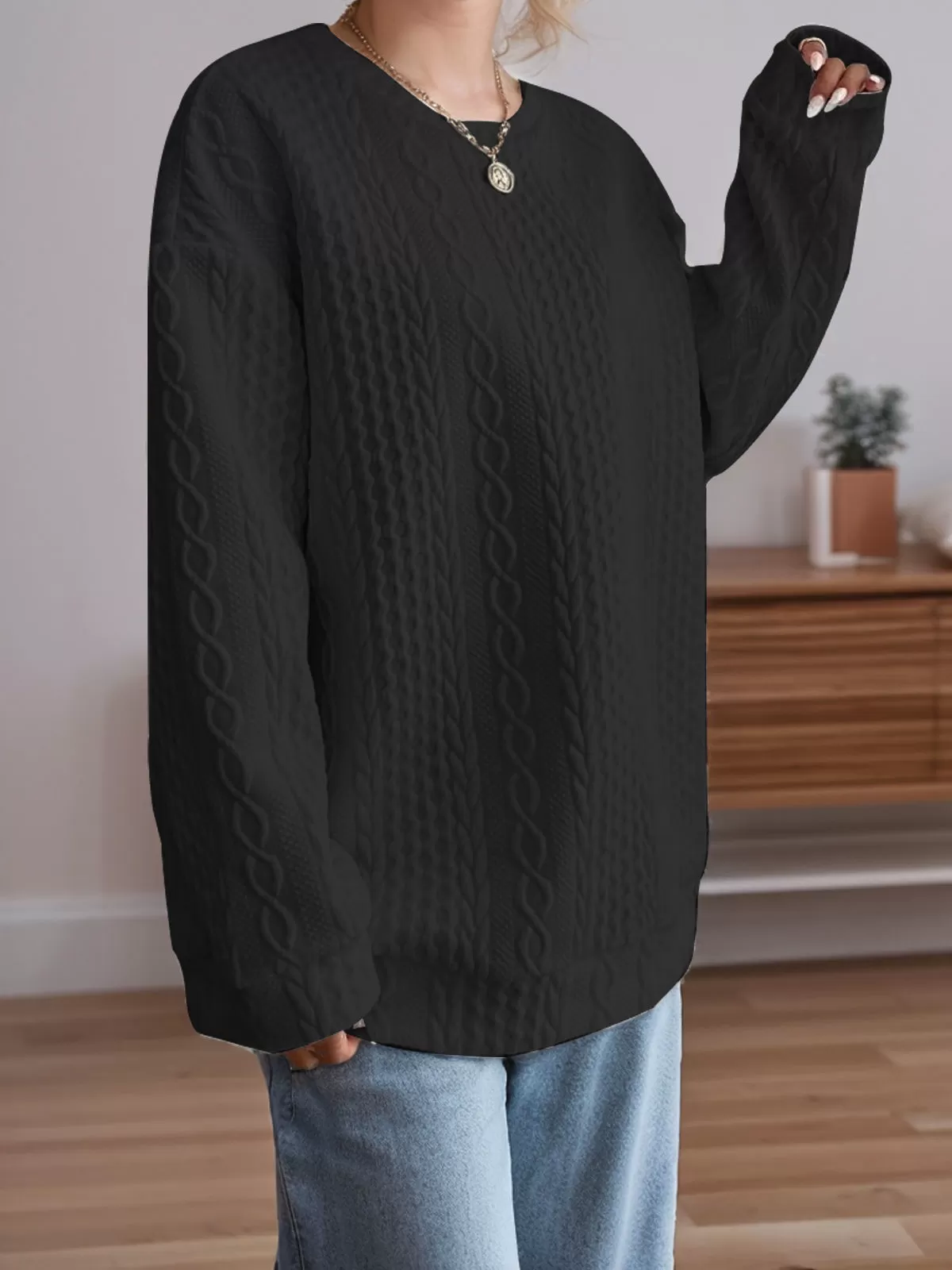 Round Neck Long Sleeve Knit Sweatshirt, 3 of 4