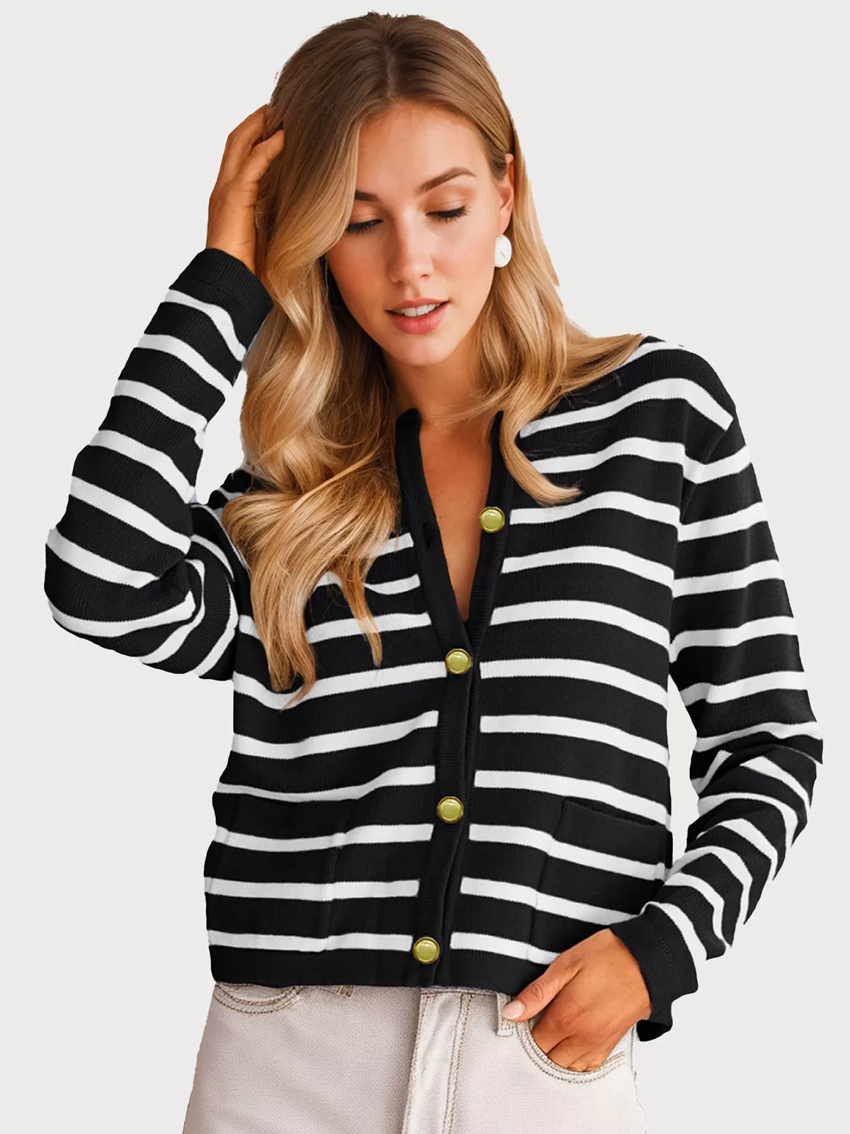 Stripes Round Neck Long Sleeve Woolen Cardigan, 1 of 4