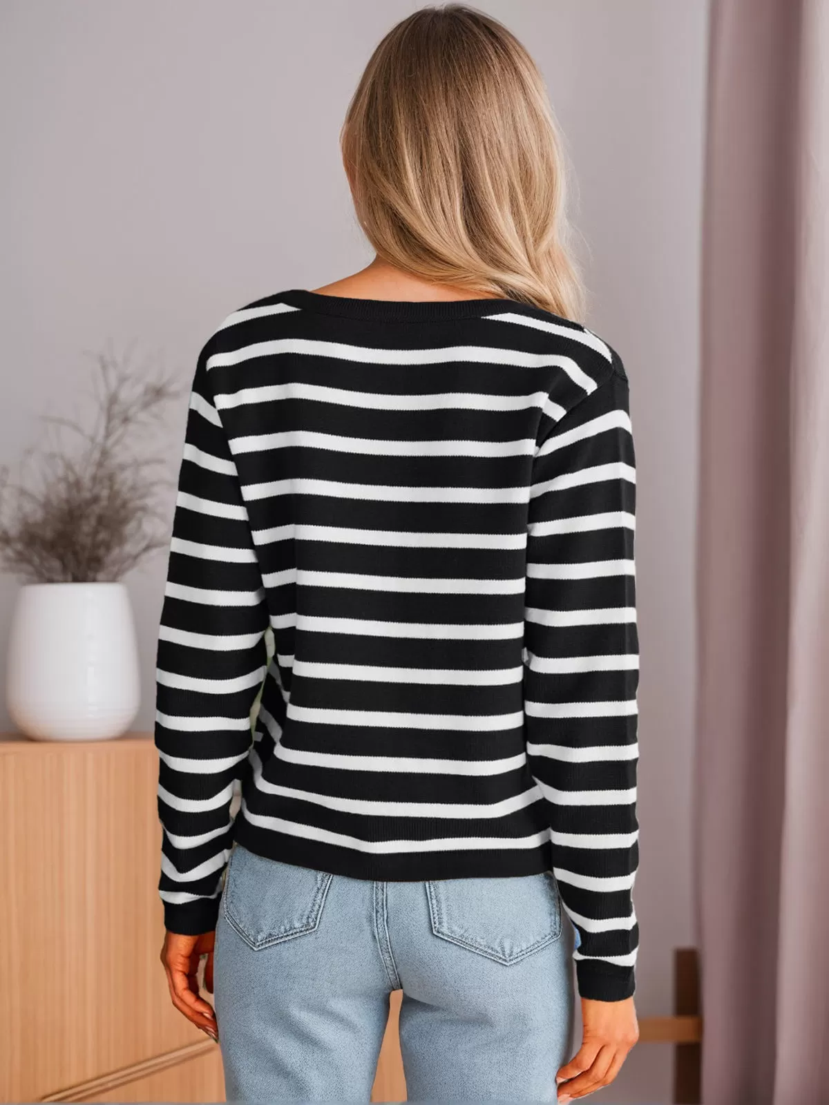 Stripes Round Neck Long Sleeve Woolen Cardigan, 2 of 4