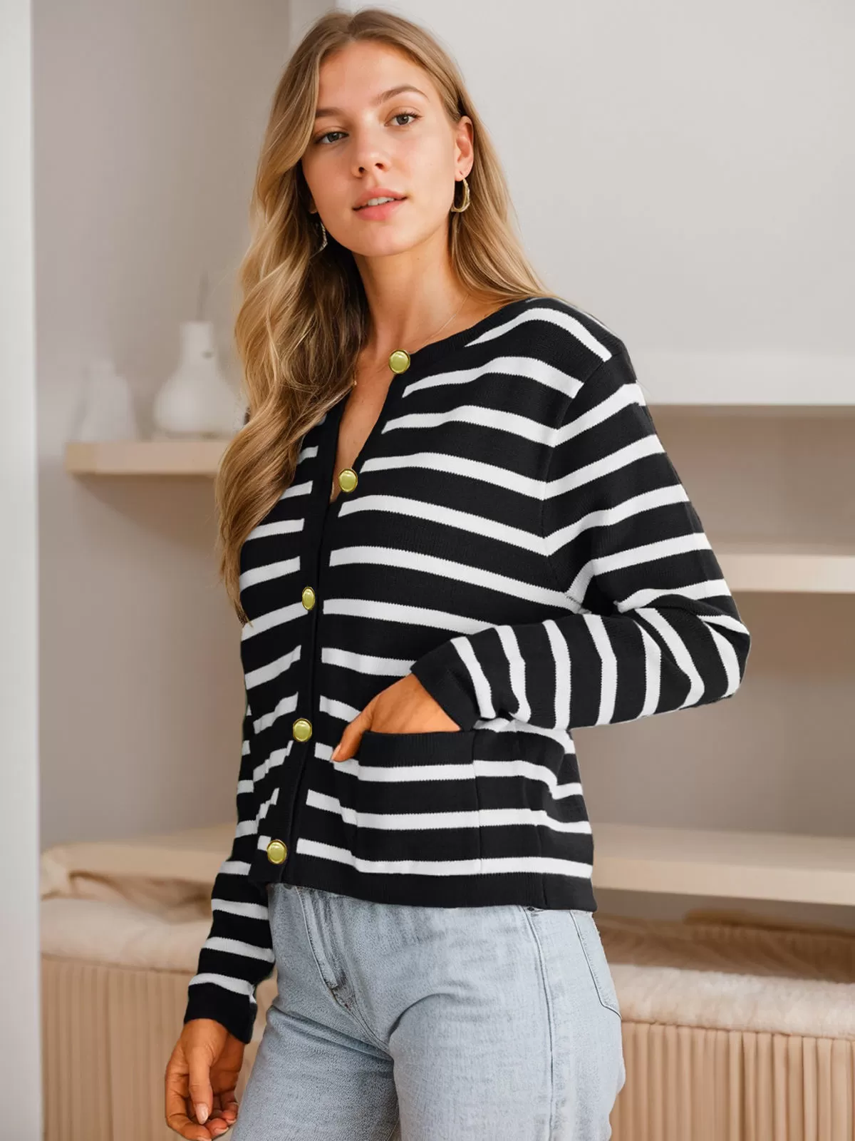 Stripes Round Neck Long Sleeve Woolen Cardigan, 3 of 4