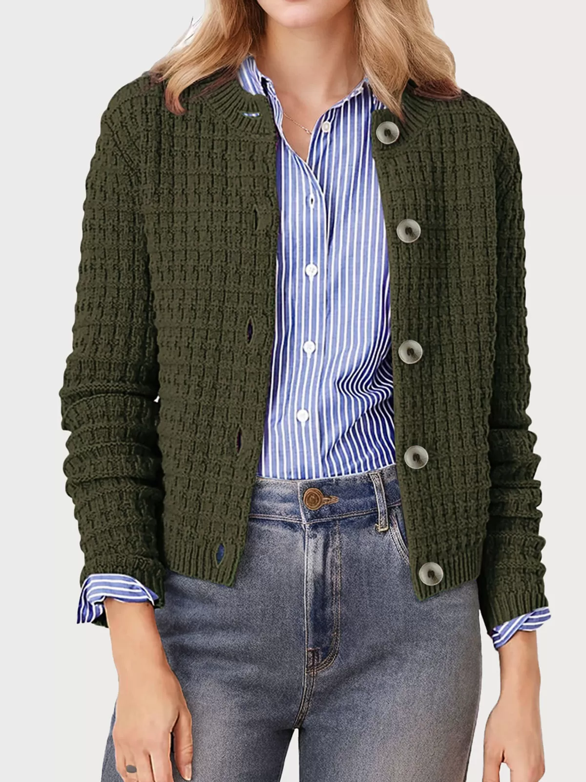 Round Neck Long Sleeve Woolen Cardigan, 1 of 4