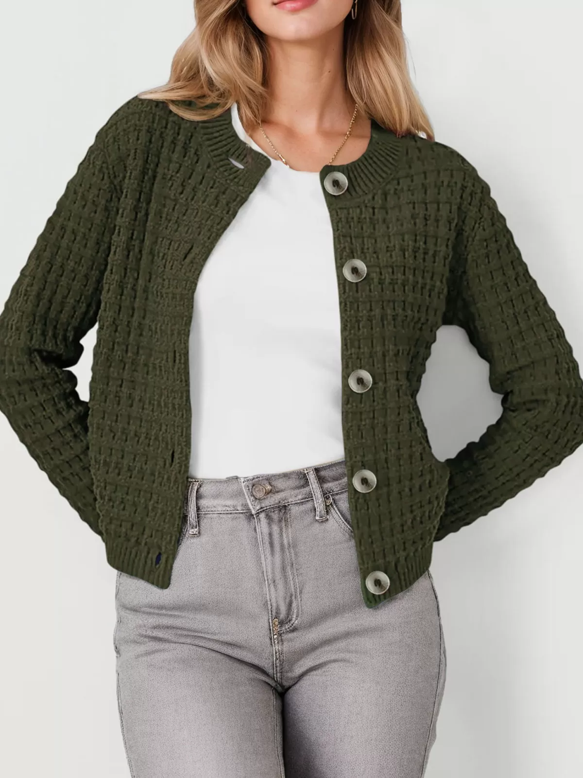 Round Neck Long Sleeve Woolen Cardigan, 2 of 4