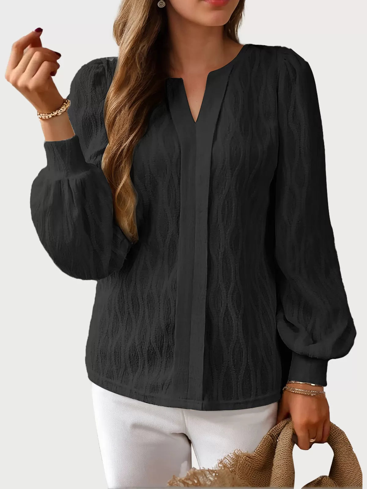 V-neck Lantern Long Sleeve Blouse, 1 of 5