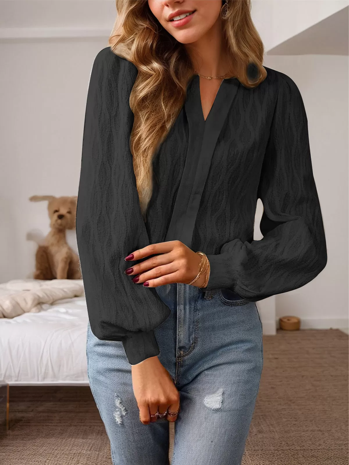 V-neck Lantern Long Sleeve Blouse, 2 of 5