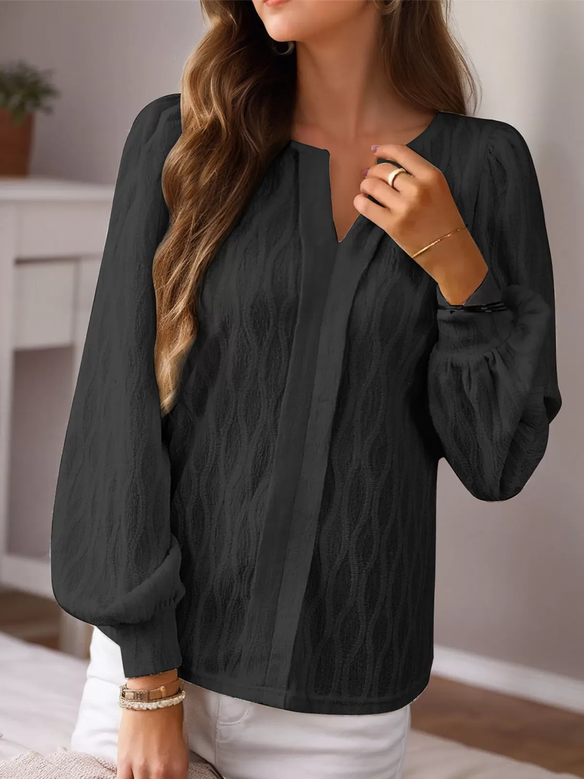 V-neck Lantern Long Sleeve Blouse, 3 of 5