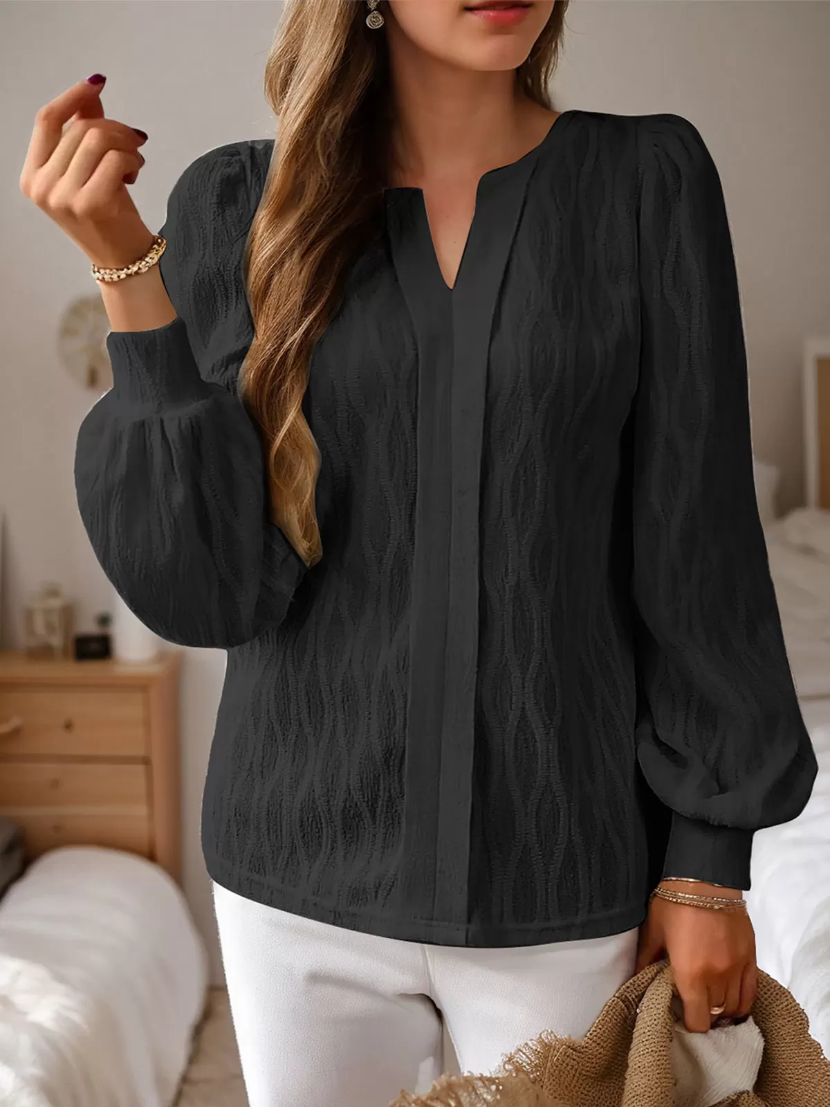 V-neck Lantern Long Sleeve Blouse, 5 of 5