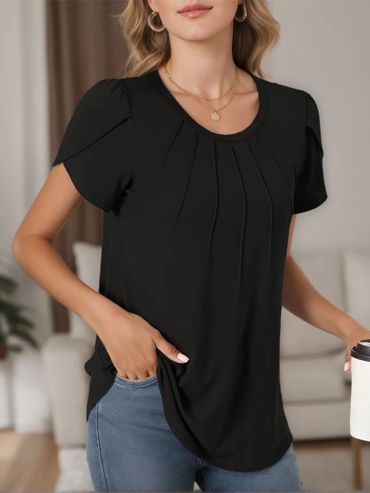 Round Neck Petal Short Sleeve Blouse, 2 of 5