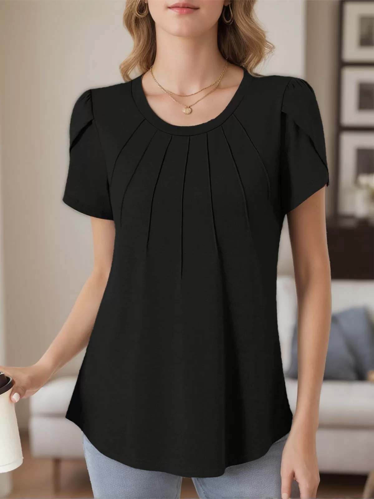 Round Neck Petal Short Sleeve Blouse, 3 of 5