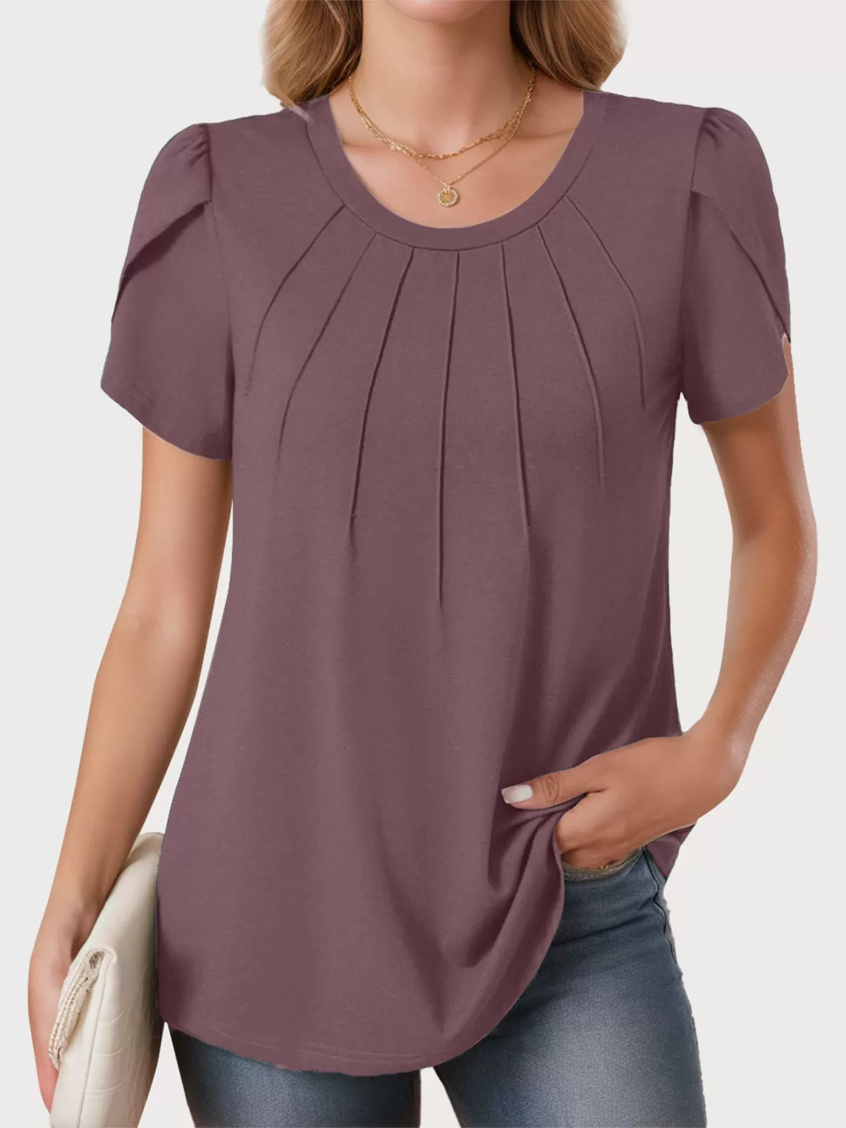 Round Neck Petal Short Sleeve Blouse, 1 of 5