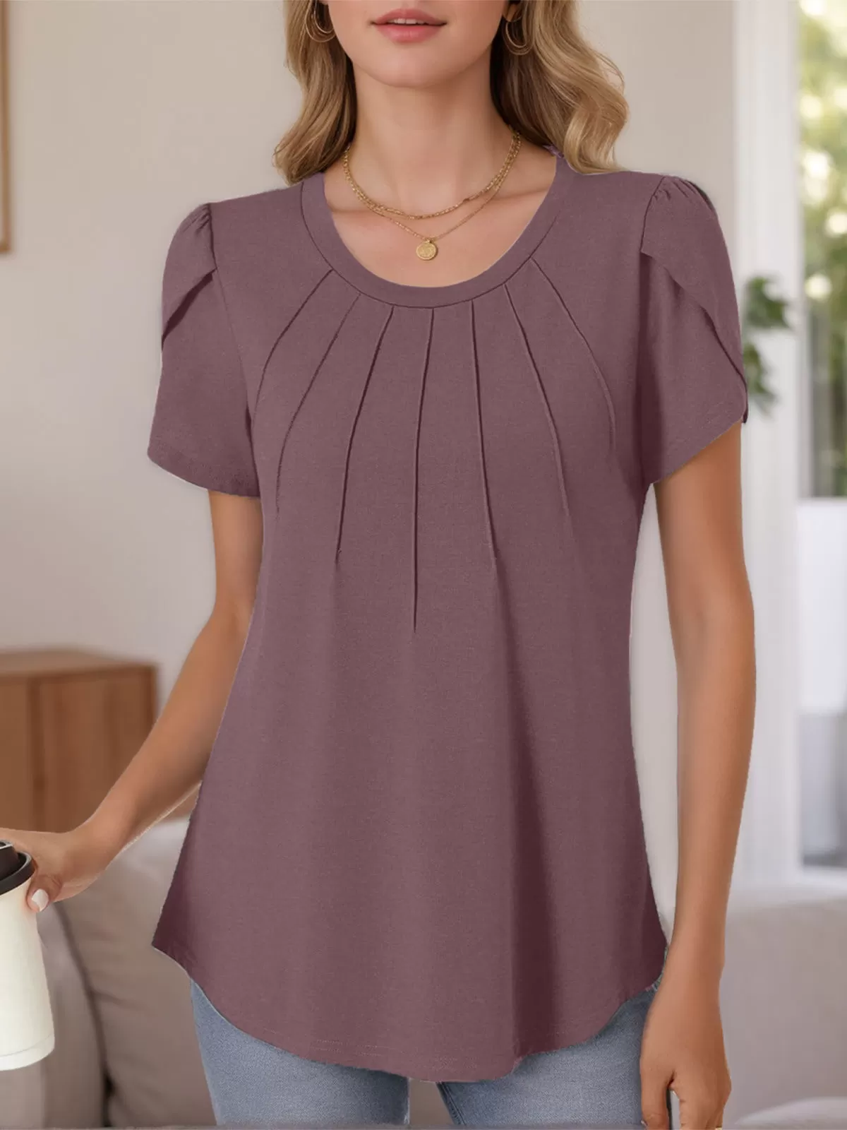 Round Neck Petal Short Sleeve Blouse, 4 of 5