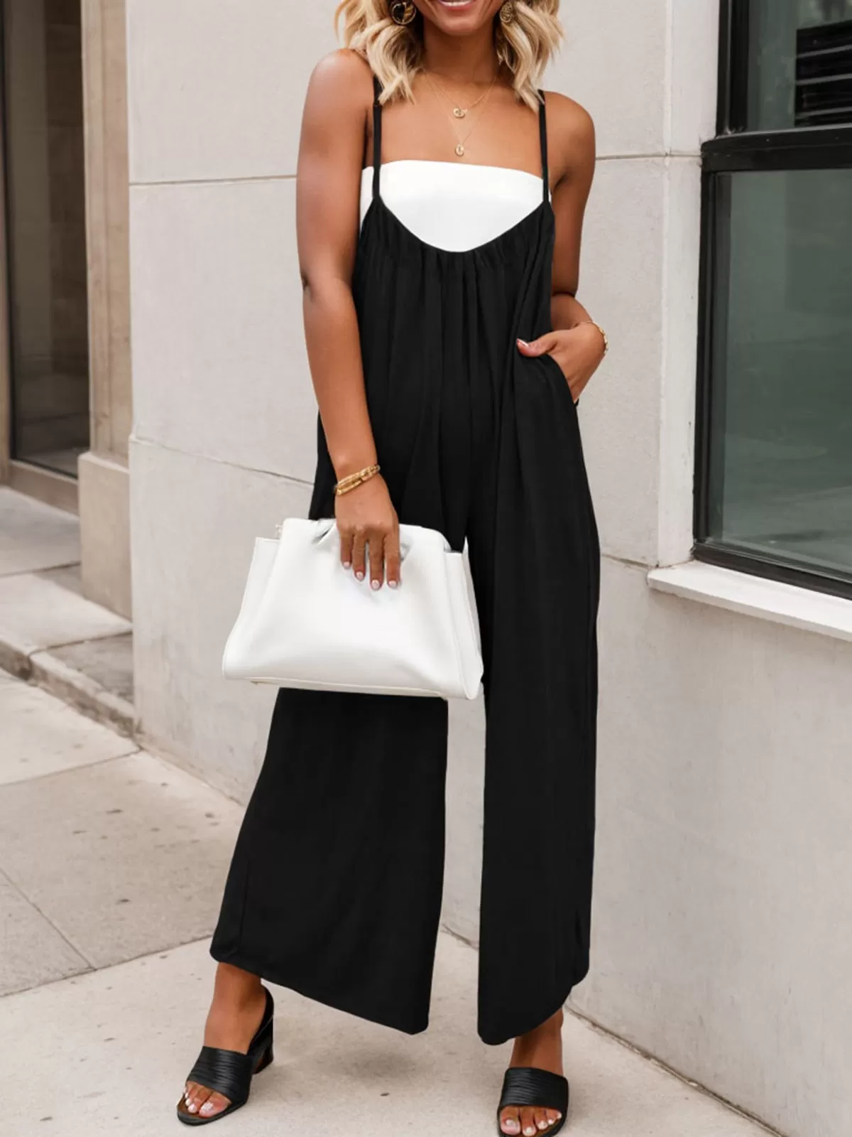 Spaghetti Straps Pockets Wide Leg Overall Jumpsuit, 2 of 4