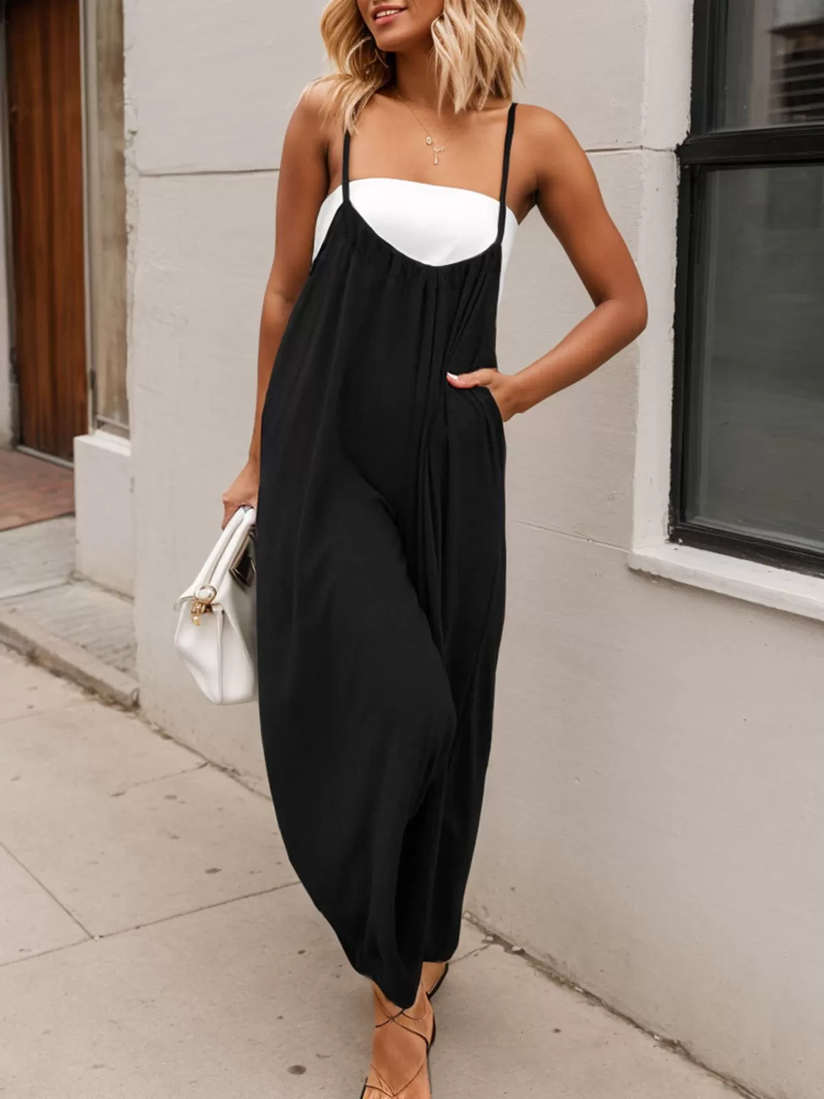 Spaghetti Straps Pockets Wide Leg Overall Jumpsuit, 4 of 4