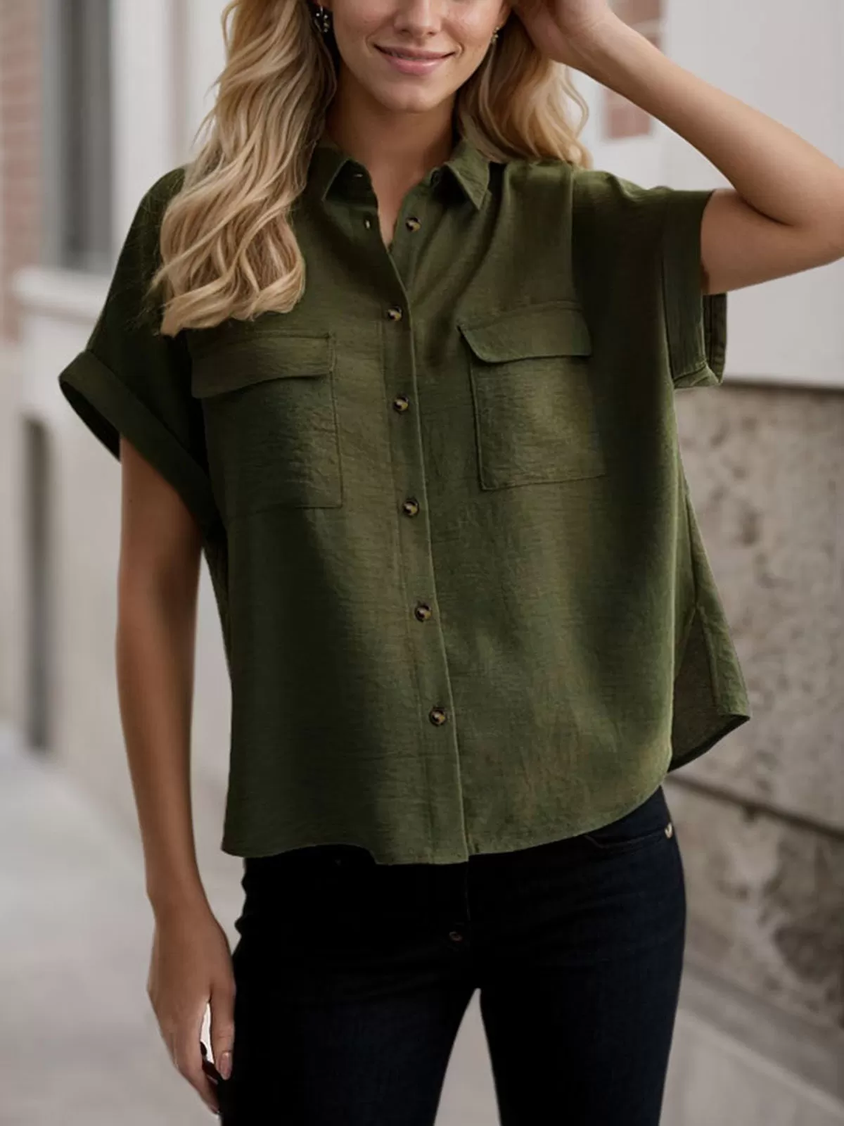 Lapel Cuffed Short Sleeve Blouse, 2 of 4