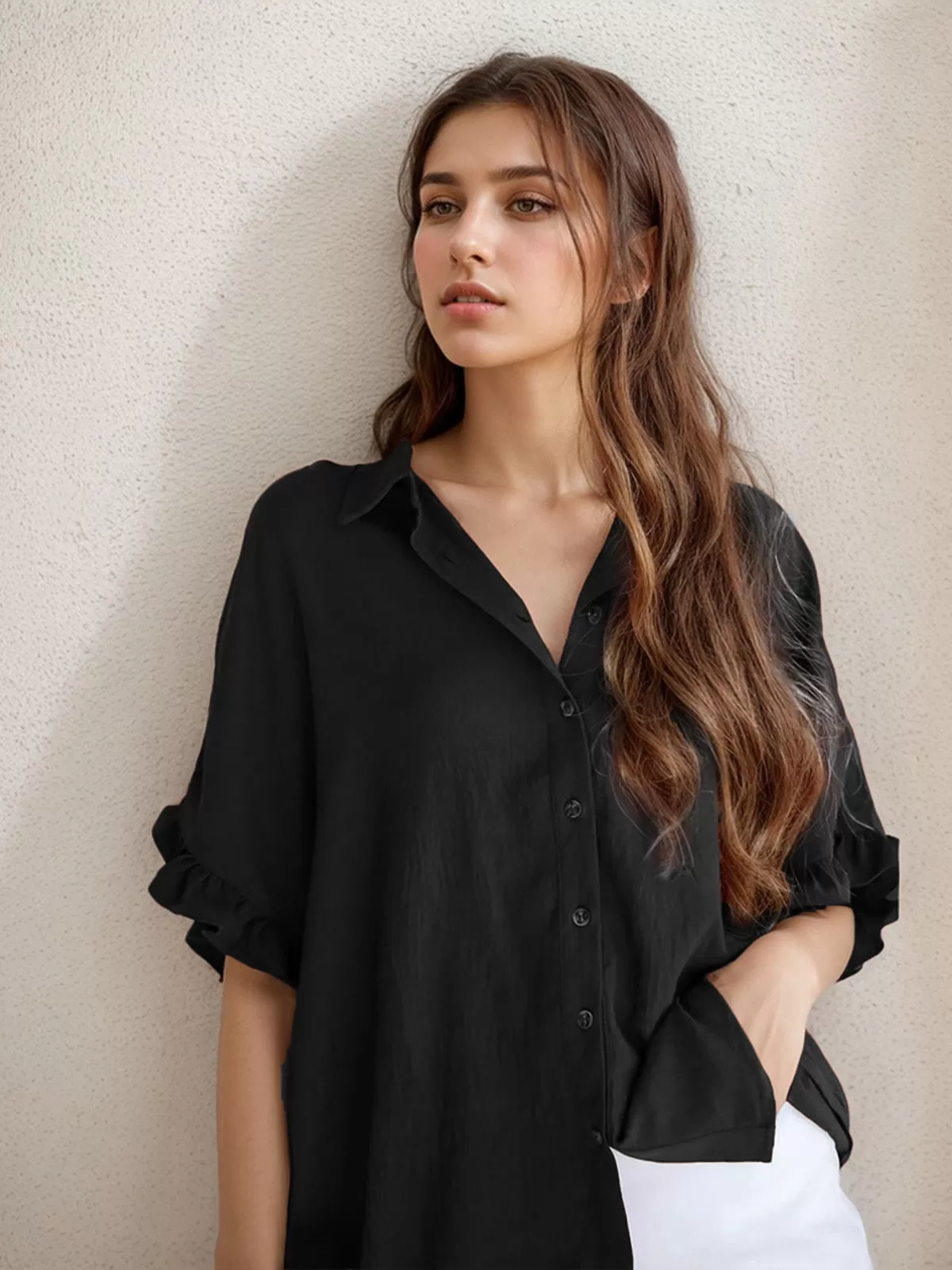 Wrinkle Lapel Flounce Half Sleeve Blouse, 3 of 5