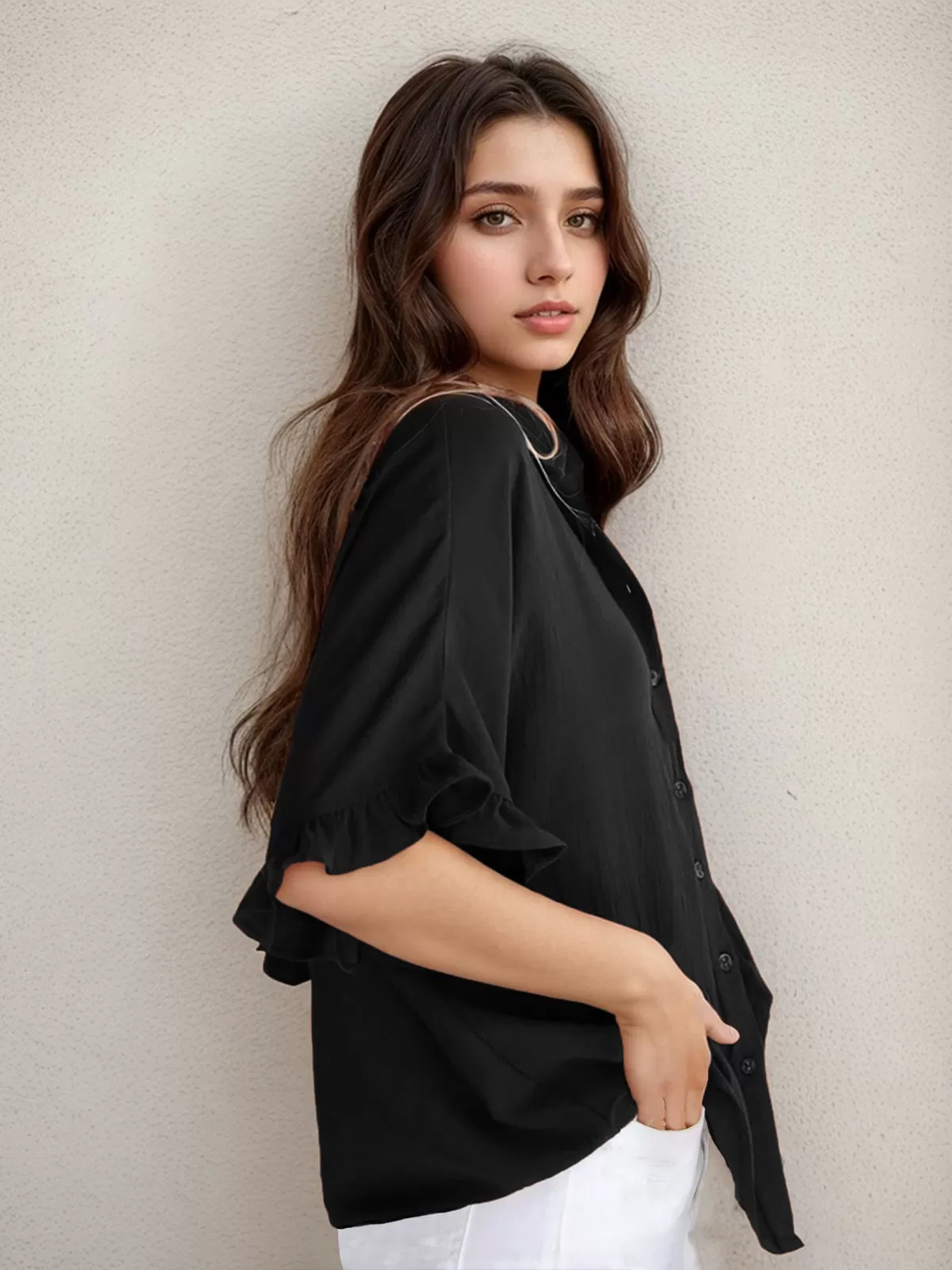 Wrinkle Lapel Flounce Half Sleeve Blouse, 4 of 5