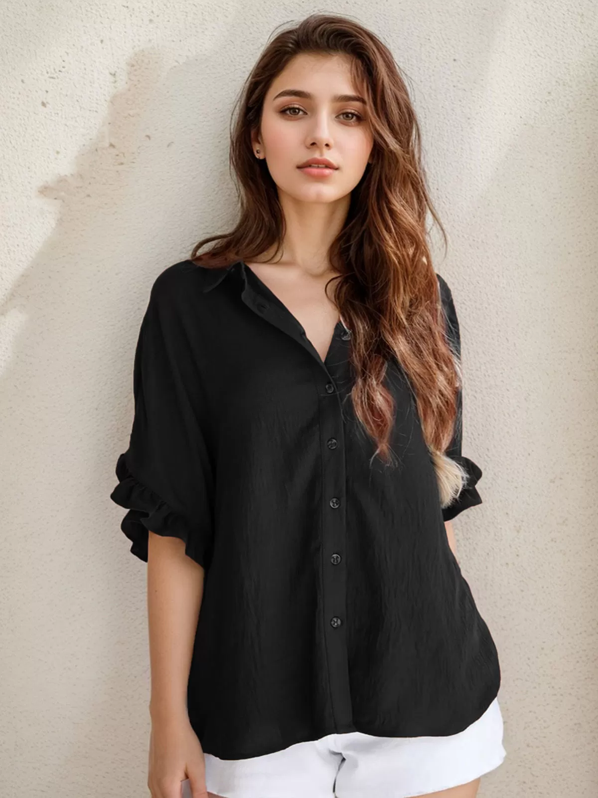 Wrinkle Lapel Flounce Half Sleeve Blouse, 5 of 5