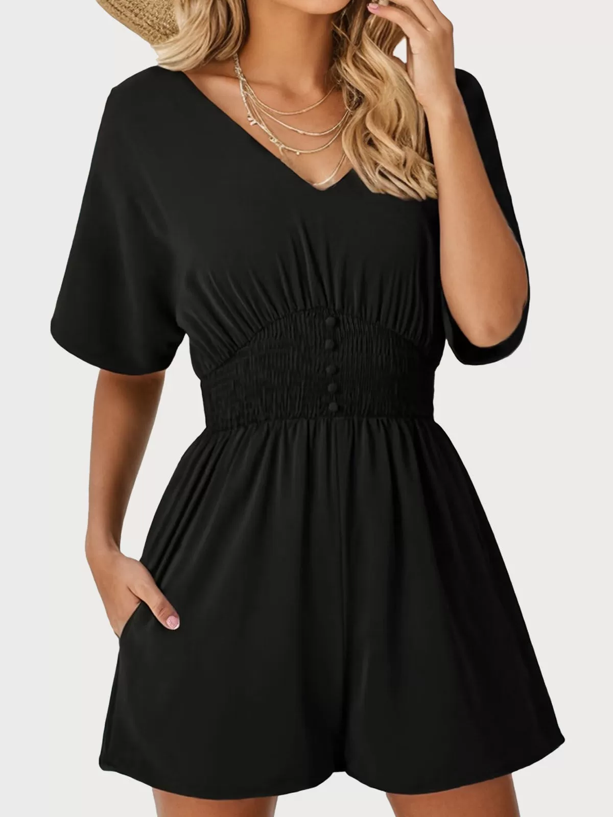 Solid Pleating V-neck High Rise Short Sleeve Romper, 1 of 5