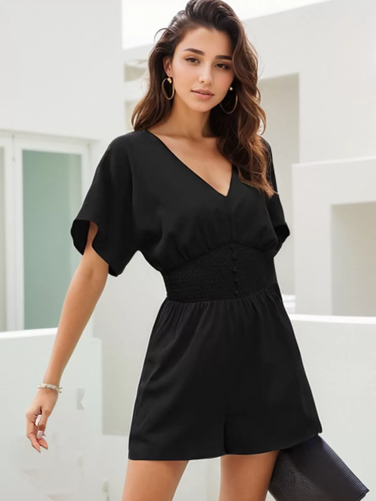 Solid Pleating V-neck High Rise Short Sleeve Romper, 3 of 5