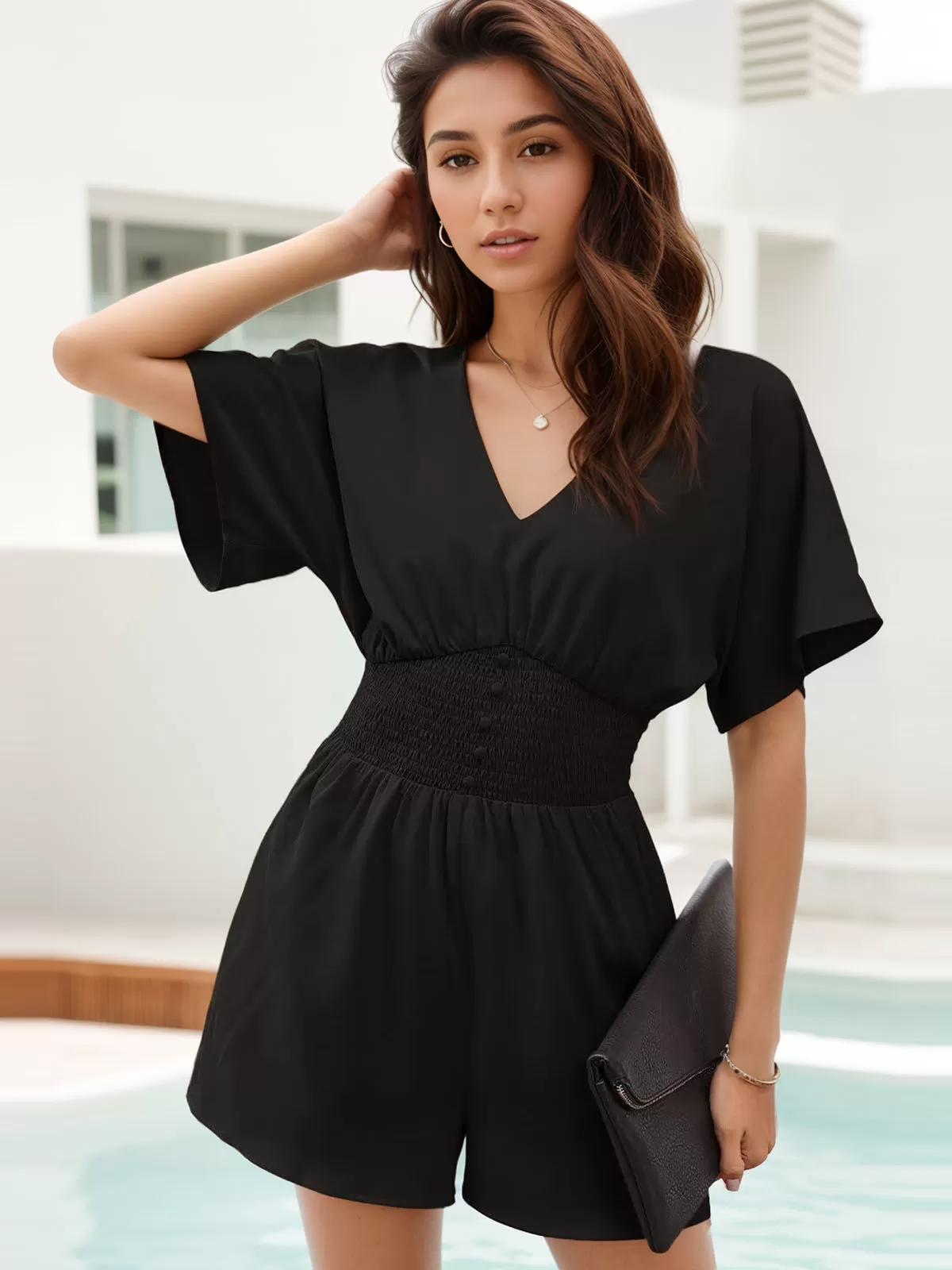 Solid Pleating V-neck High Rise Short Sleeve Romper, 4 of 5