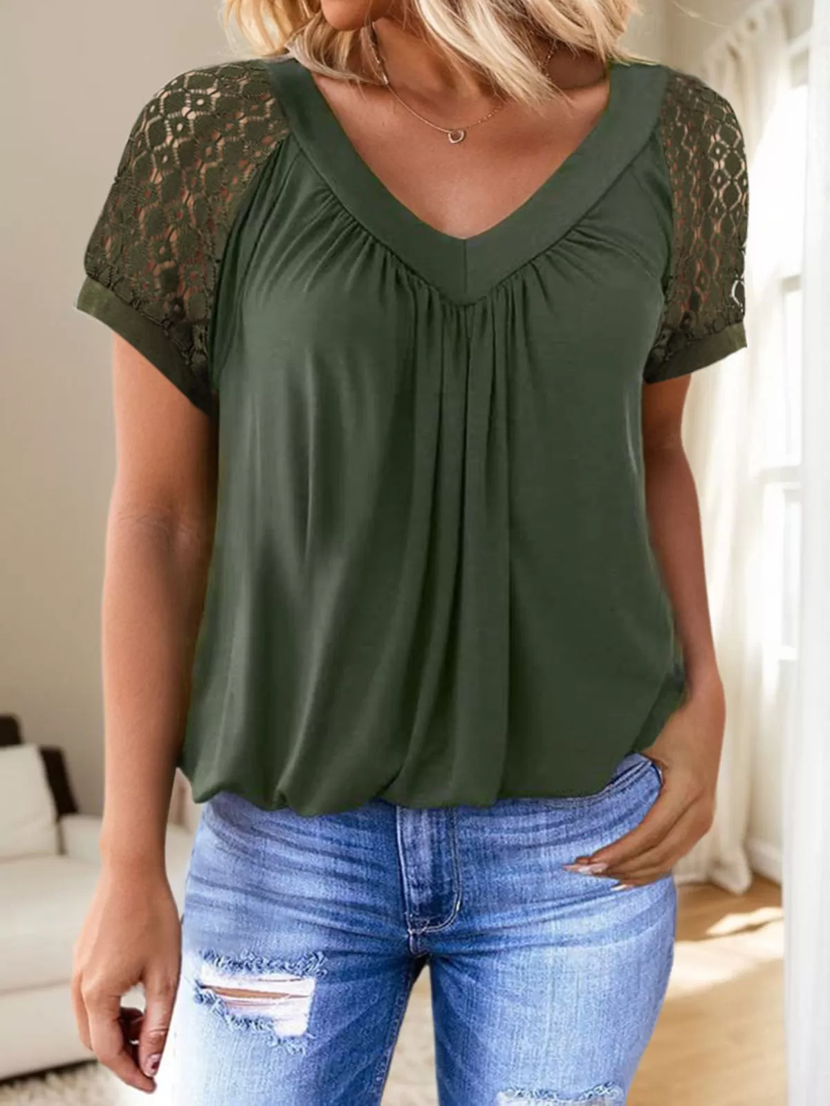 Wrinkle V-neck Raglan Short Sleeve T-shirt, 2 of 5