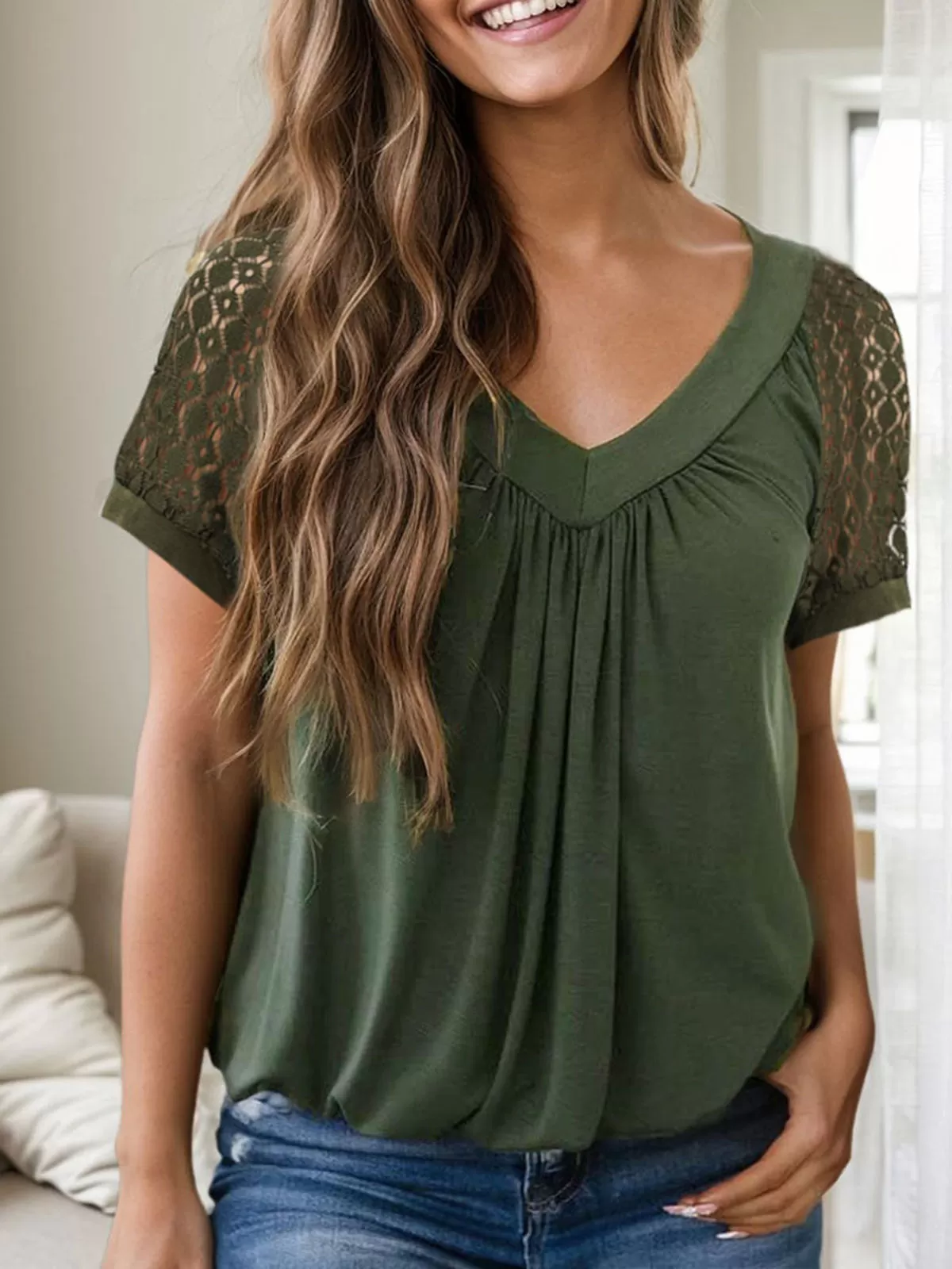 Wrinkle V-neck Raglan Short Sleeve T-shirt, 3 of 5