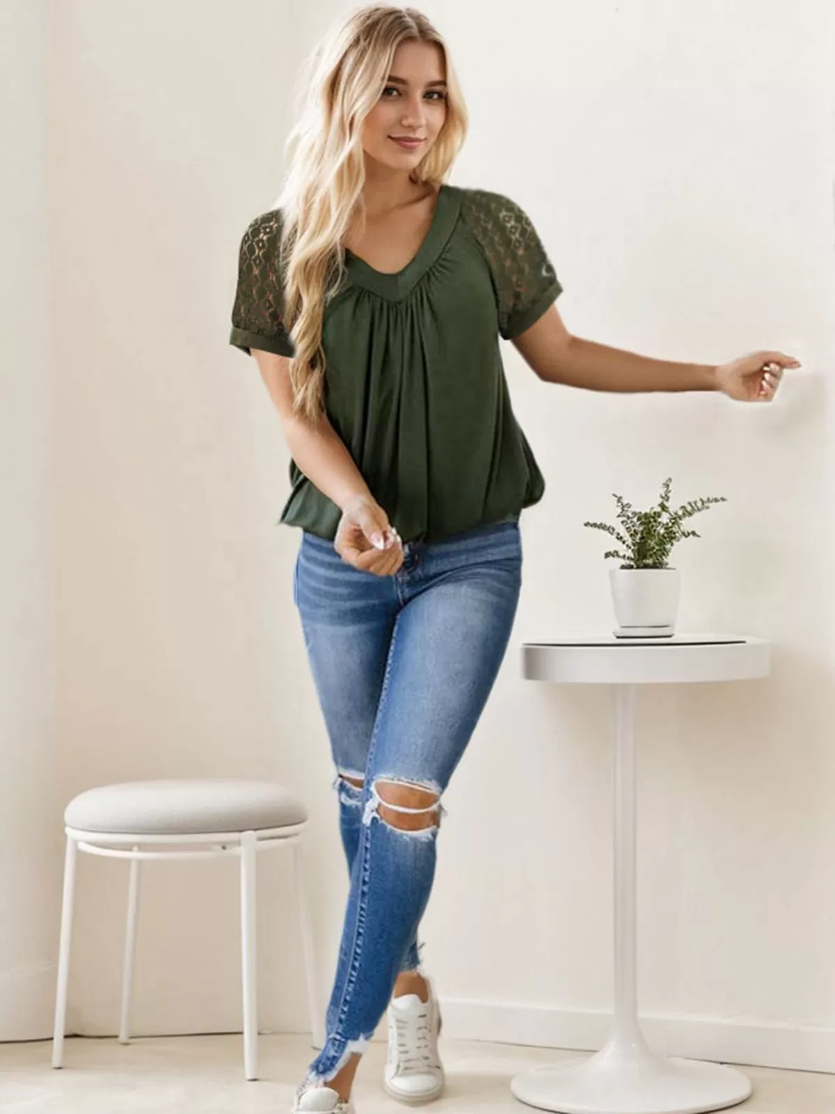 Wrinkle V-neck Raglan Short Sleeve T-shirt, 5 of 5