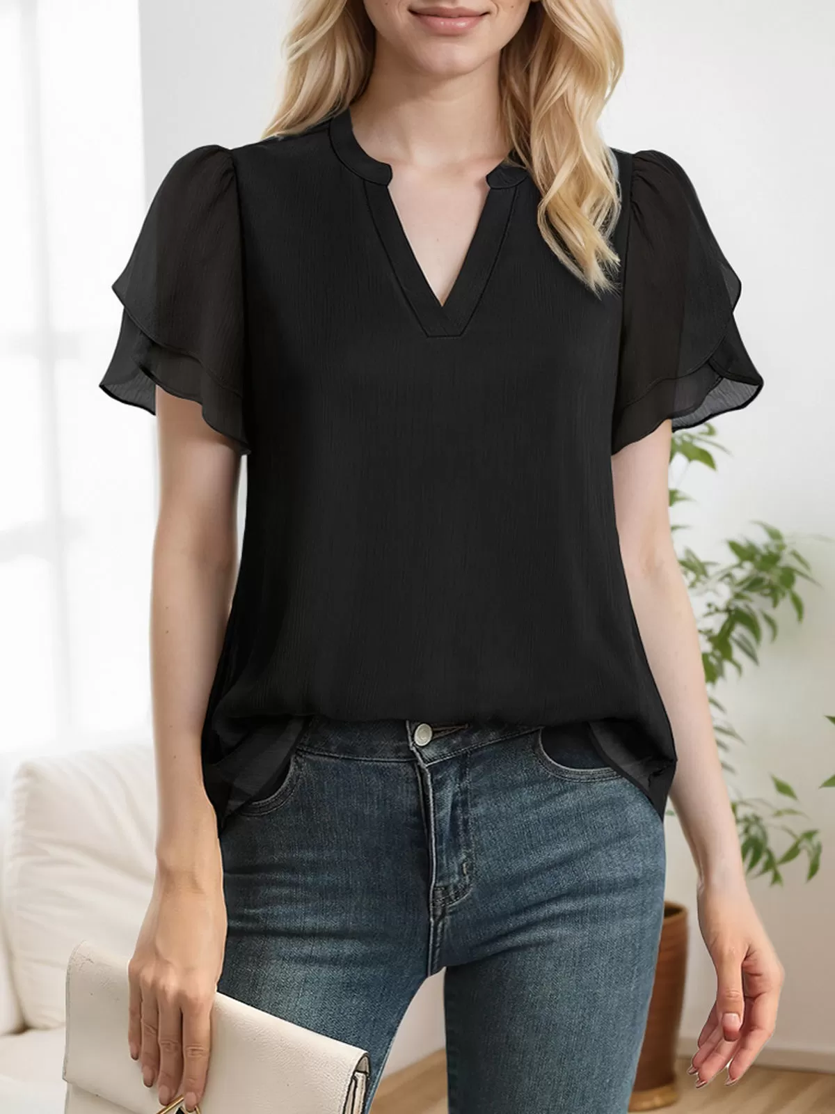 V-neck Flounce Short Sleeve Blouse, 3 of 5