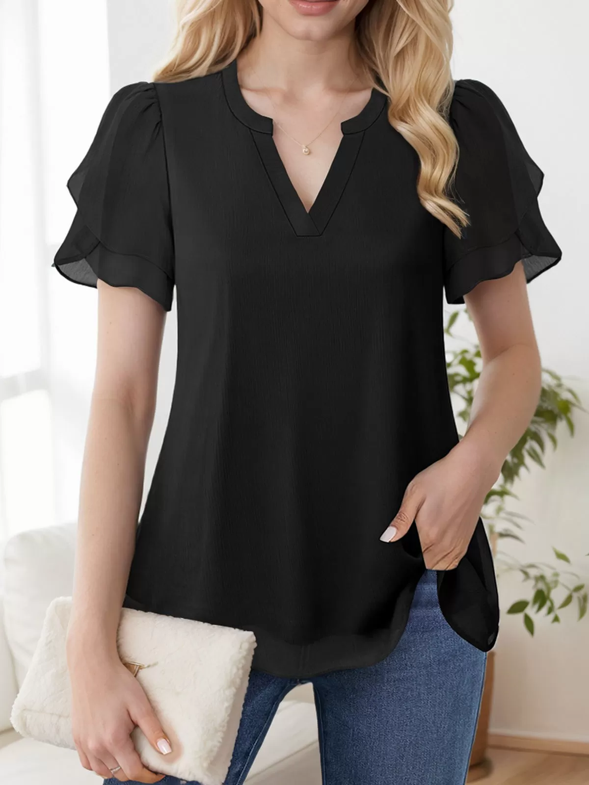 V-neck Flounce Short Sleeve Blouse, 4 of 5