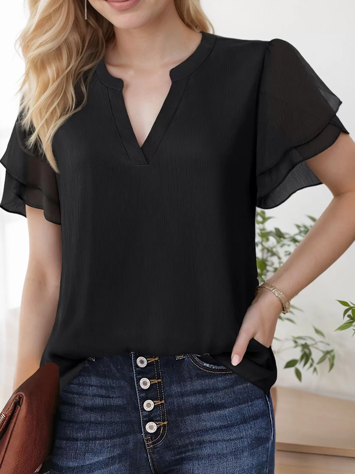 V-neck Flounce Short Sleeve Blouse, 5 of 5