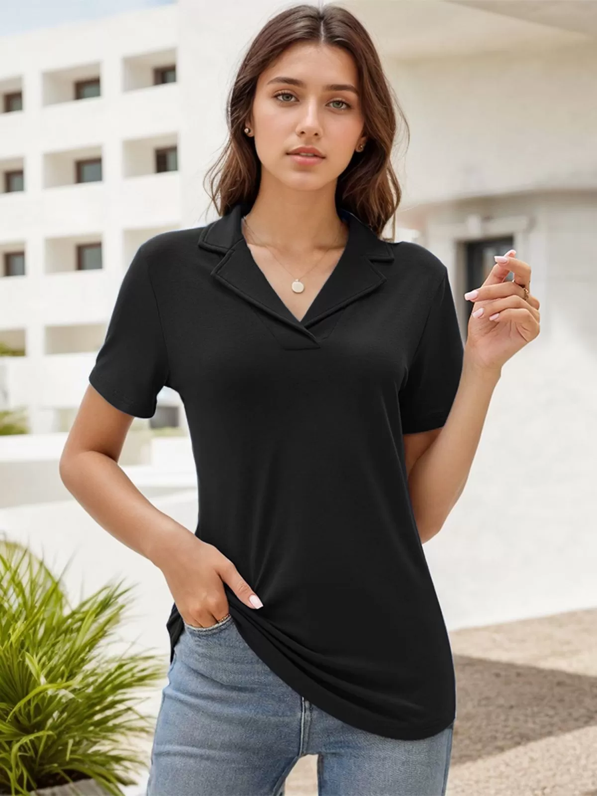 Lapel Collar V-neck Short Sleeve Blouse, 3 of 6