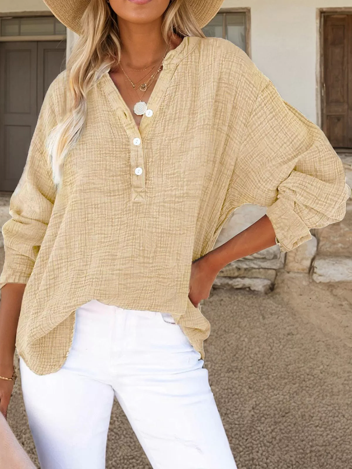 Solid V-neck Long Sleeve Blouse, 4 of 4