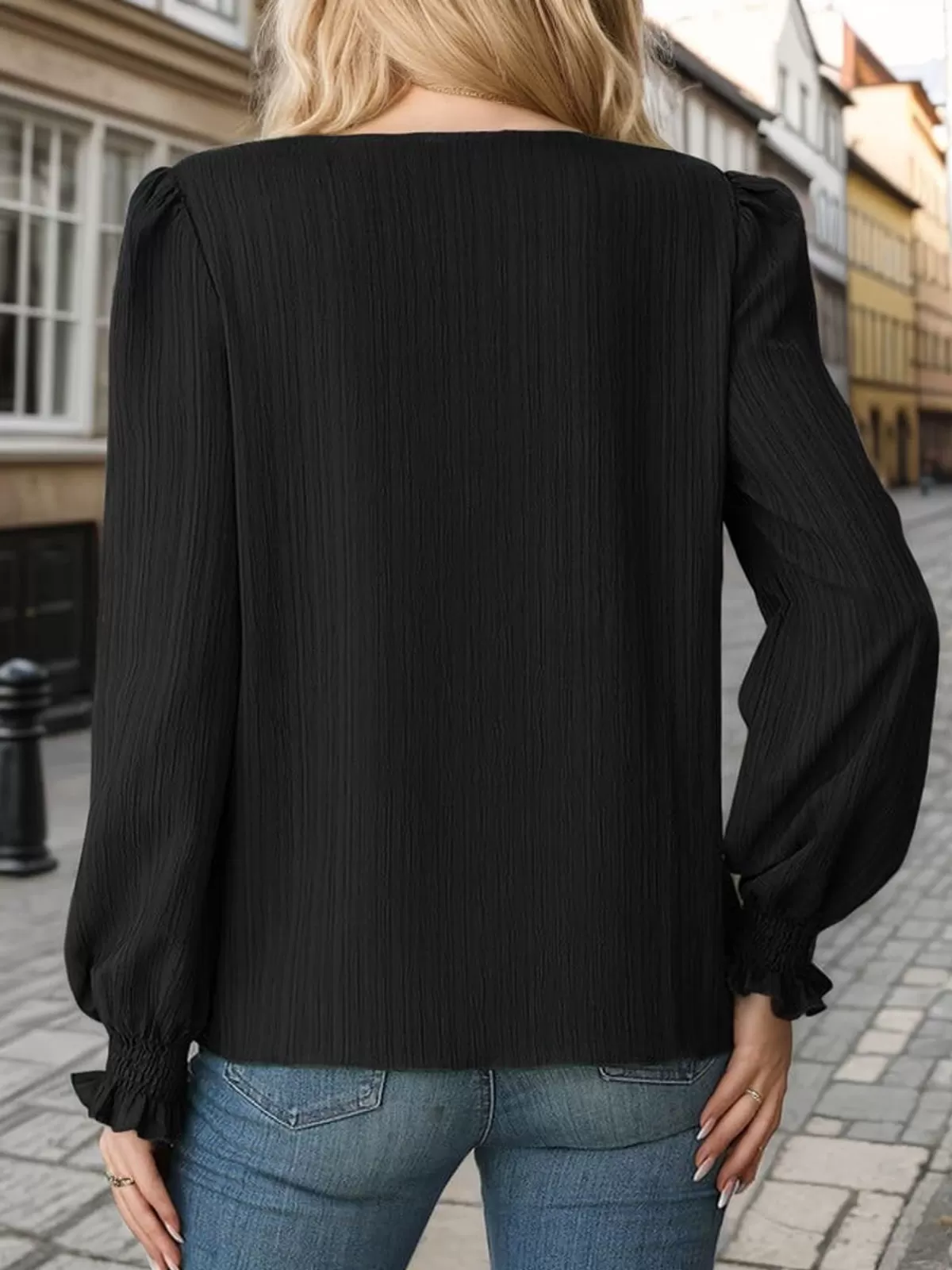 Pleating V-neck Lantern Long Sleeve Blouse, 2 of 4