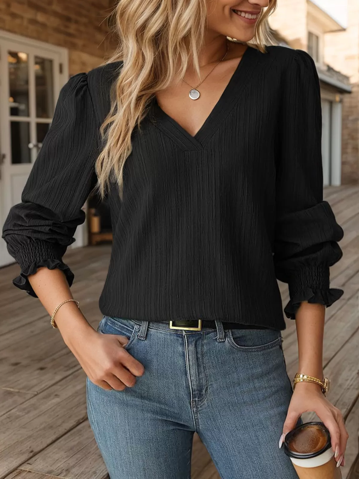 Pleating V-neck Lantern Long Sleeve Blouse, 3 of 4
