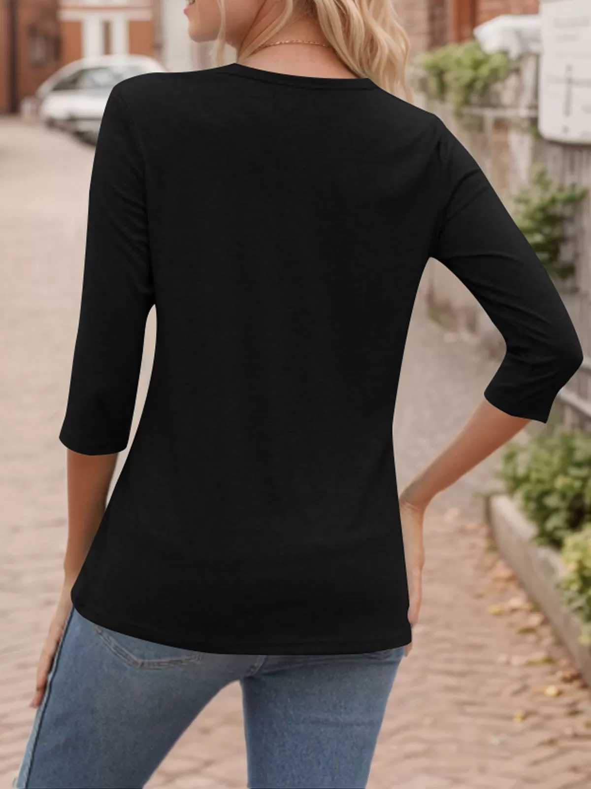 Solid V-neck 3/4 Sleeve T-Shirt, 2 of 7