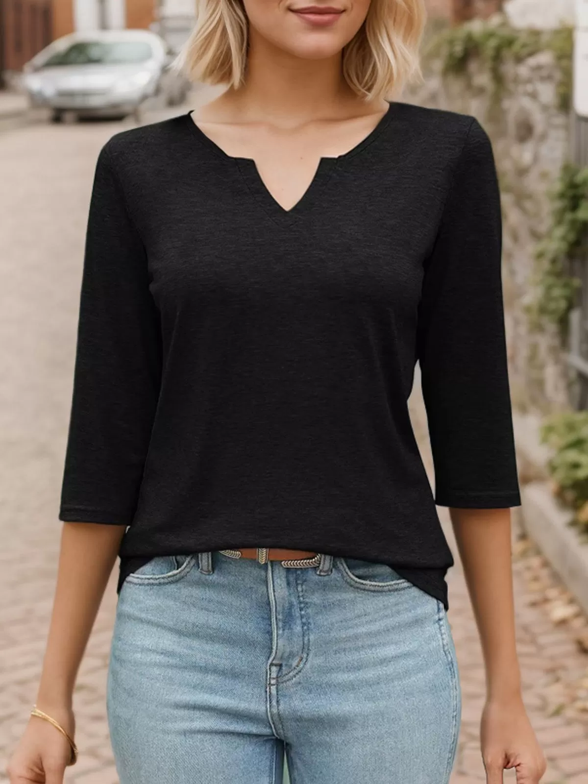 Solid V-neck 3/4 Sleeve T-Shirt, 3 of 7