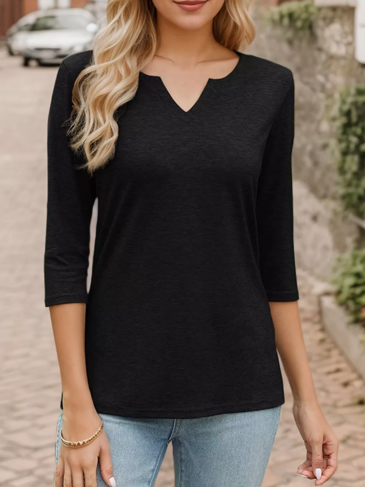 Solid V-neck 3/4 Sleeve T-Shirt, 4 of 7