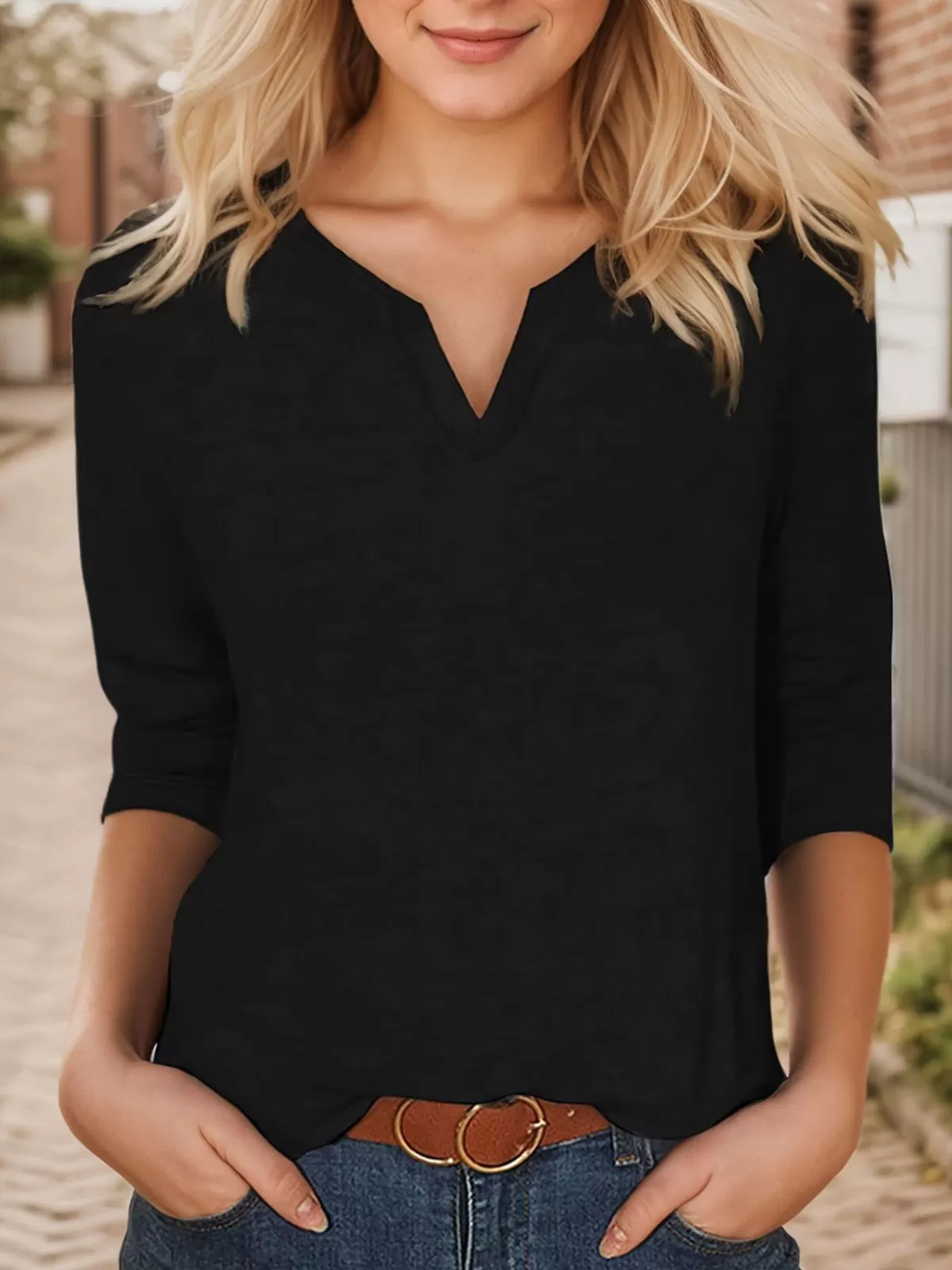 Solid V-neck 3/4 Sleeve T-Shirt, 5 of 7