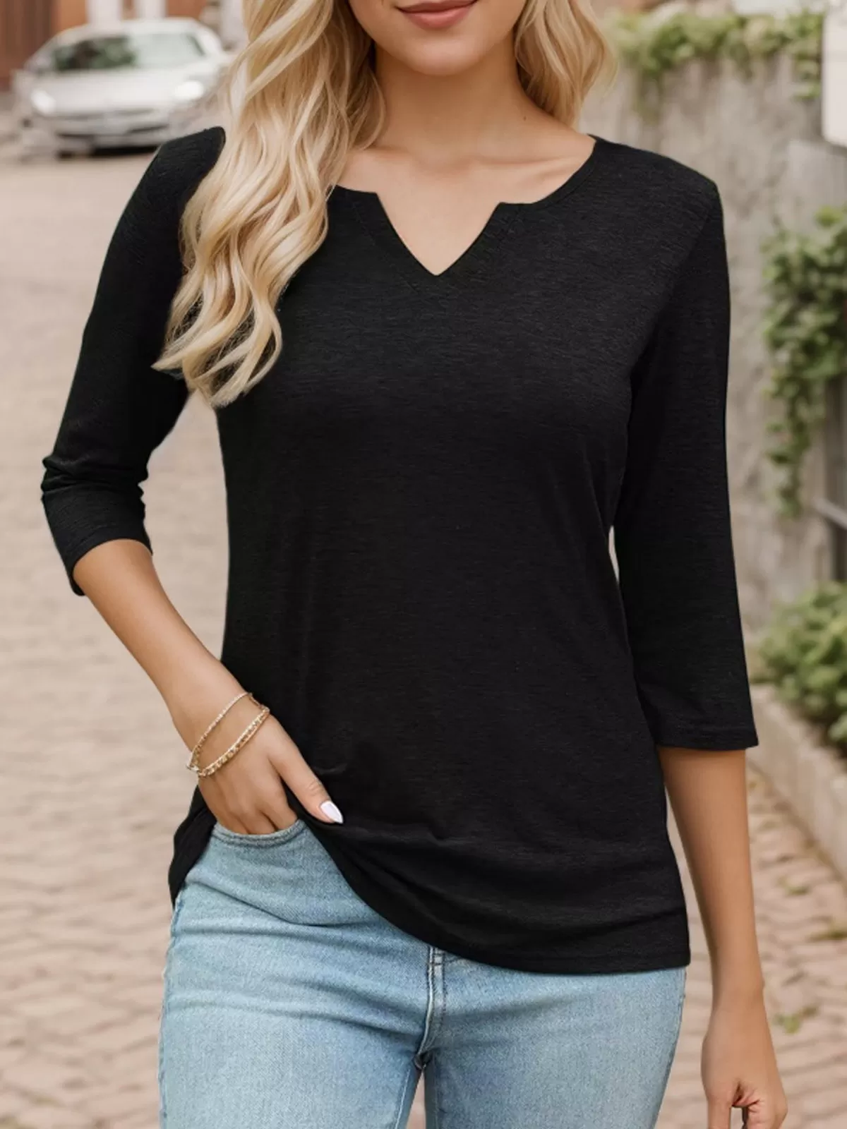 Solid V-neck 3/4 Sleeve T-Shirt, 6 of 7