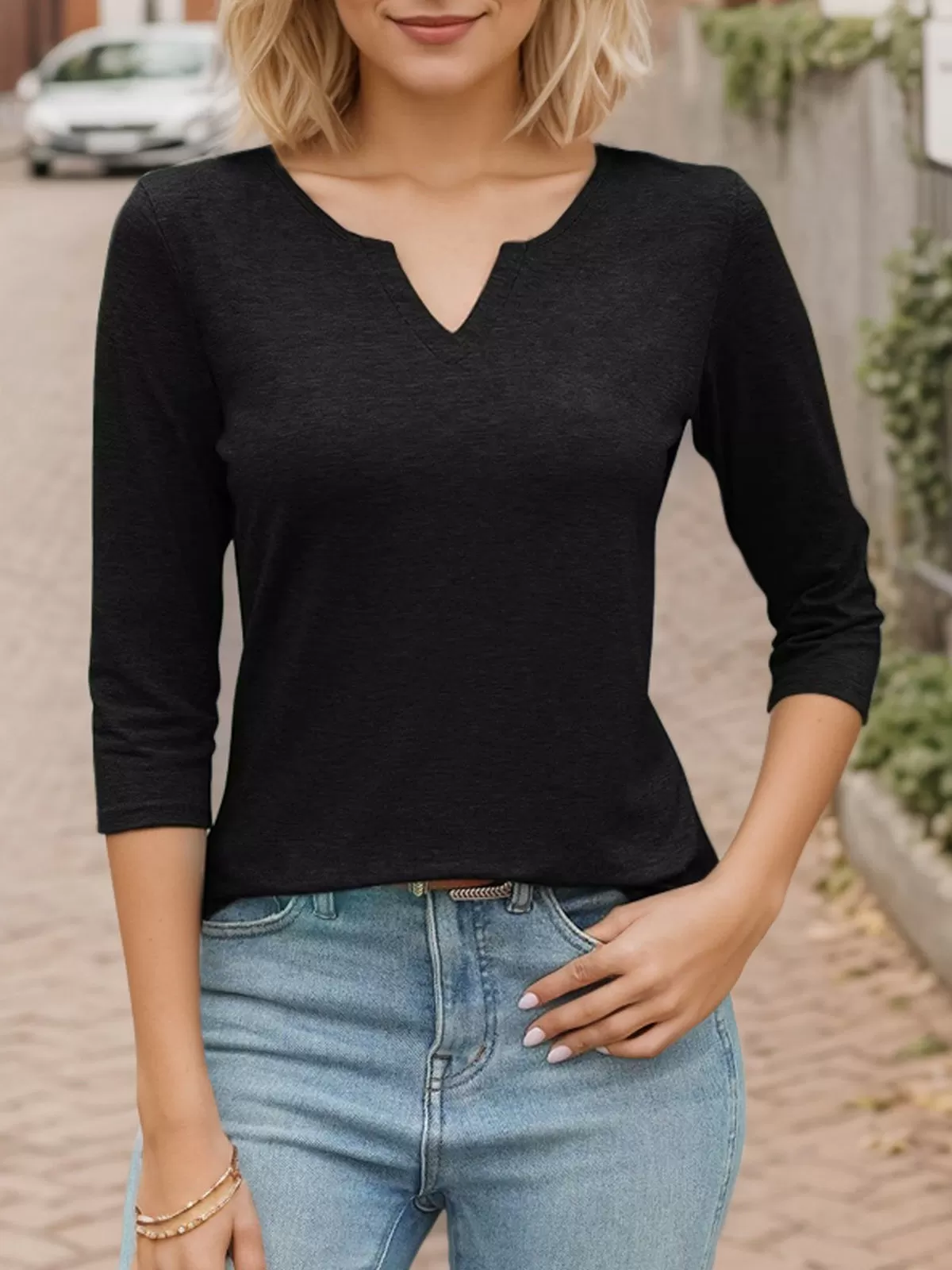 Solid V-neck 3/4 Sleeve T-Shirt, 7 of 7