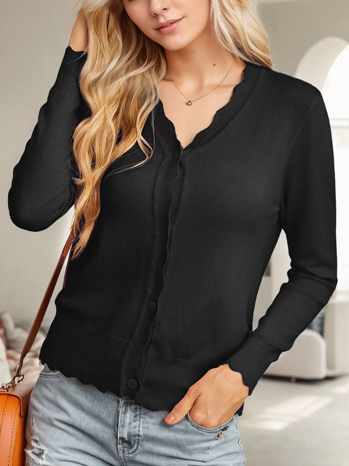 V-neck Long Sleeve Woolen Cardigan, 4 of 5