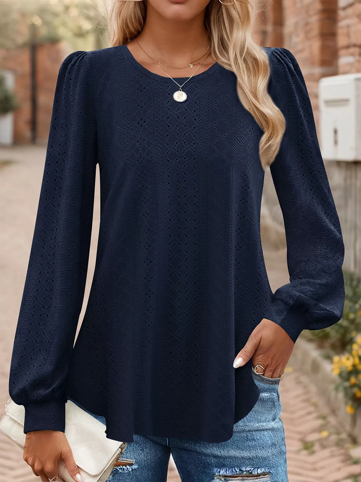 Round Neck Puff Long Sleeve Knit Blouse, 5 of 5