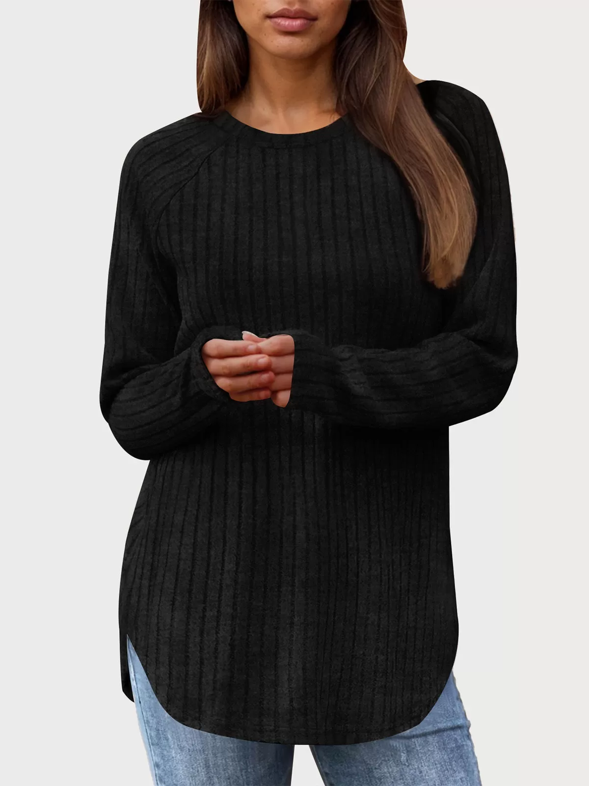 Round Neck Raglan Long Sleeve Knit Sweater, 1 of 5